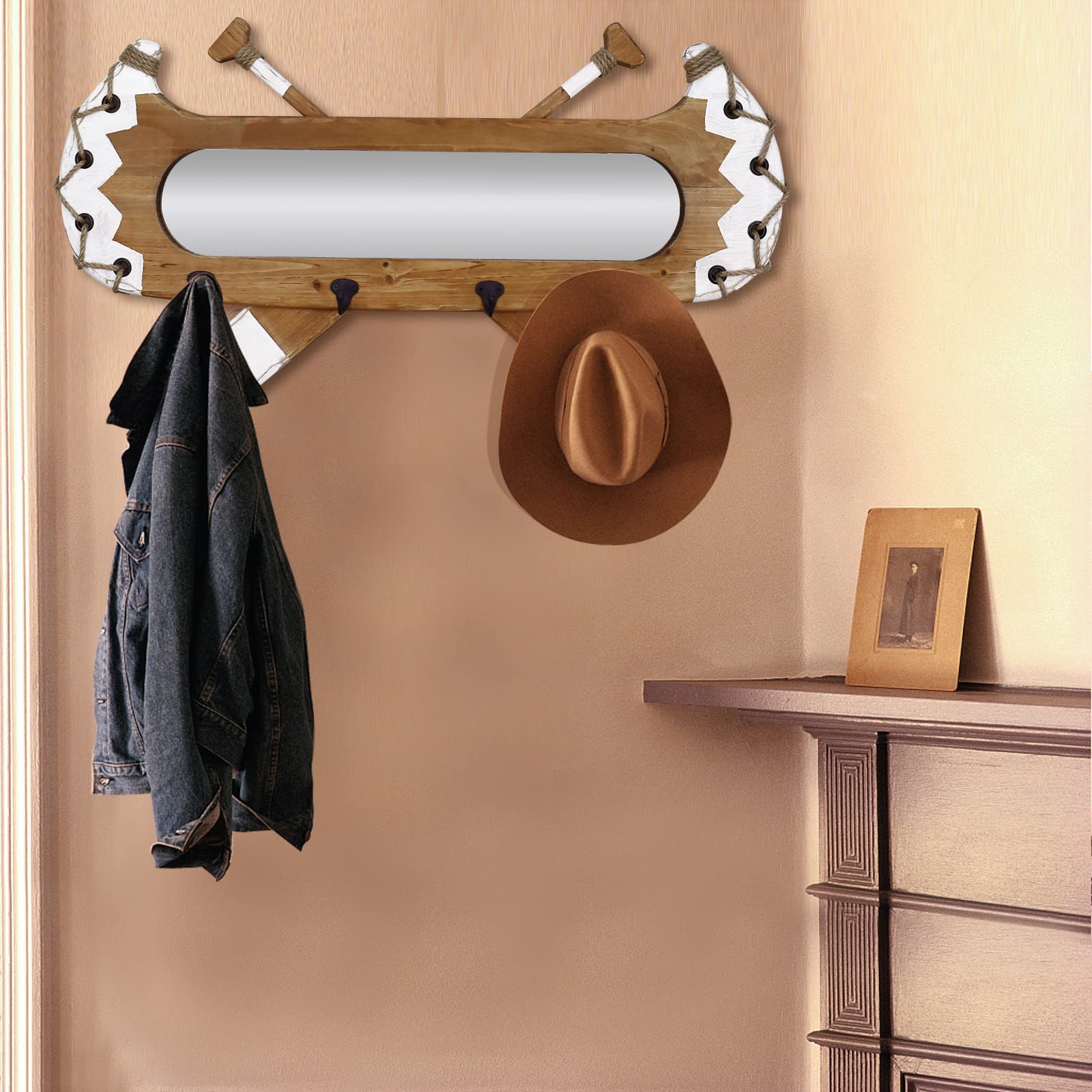 Rustic Wood Framed Wall Mirror with Hooks - 31.5