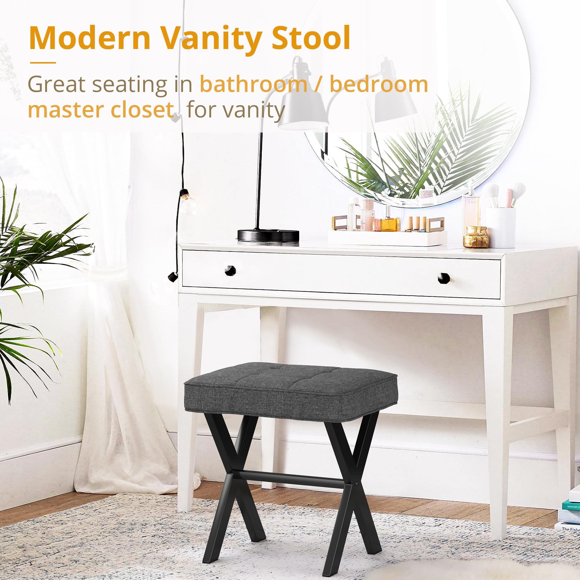 LUE BONA Vanity Stool with X-Legs - Modern Makeup Seat for Bedroom & Bathroom