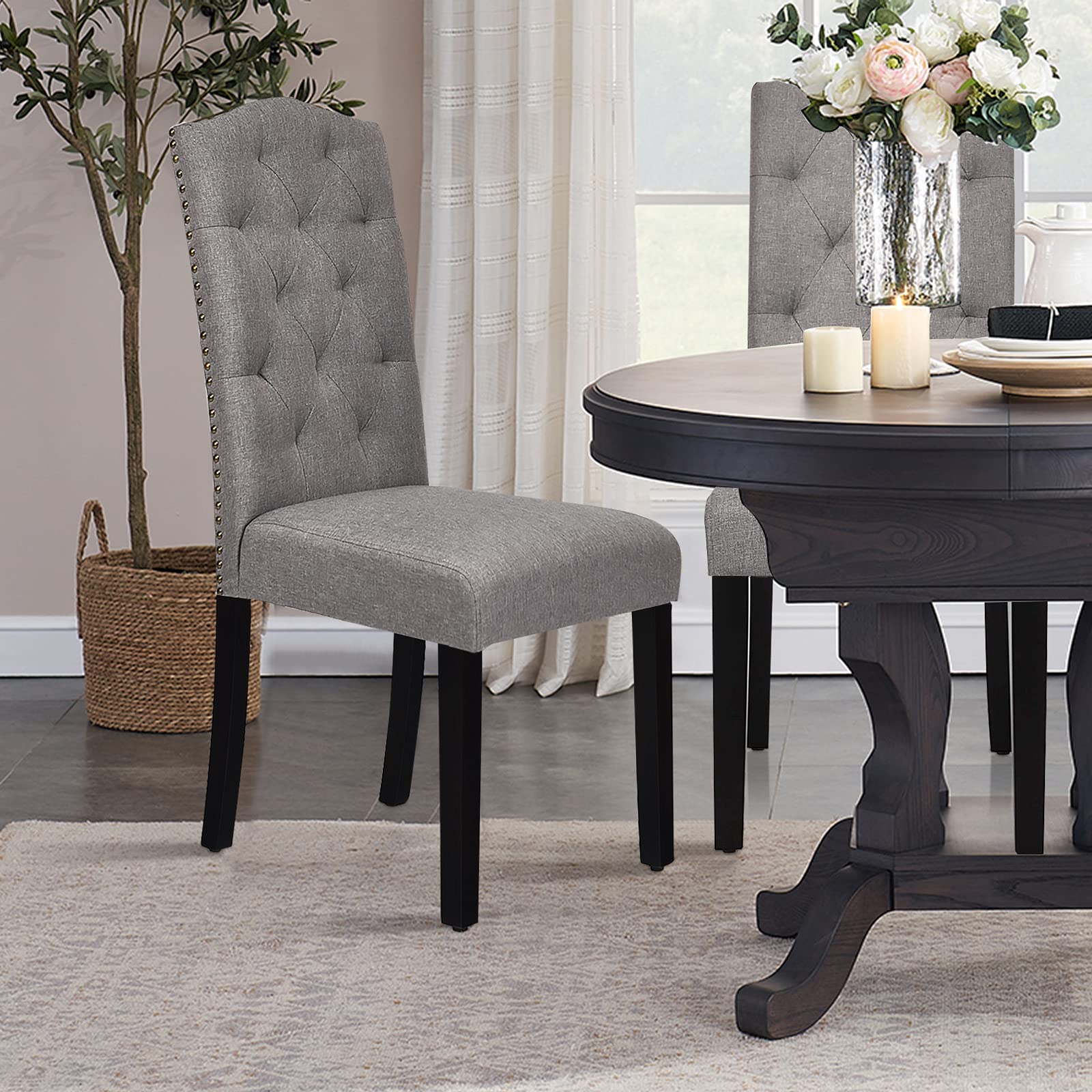4-Piece Grey Fabric Dining Chair Set - Upholstered Tufted Parsons Chairs with Solid Wood Legs & Tall Back - Elegant Kitchen & Dining Room Seating for Home & Restaurant Use