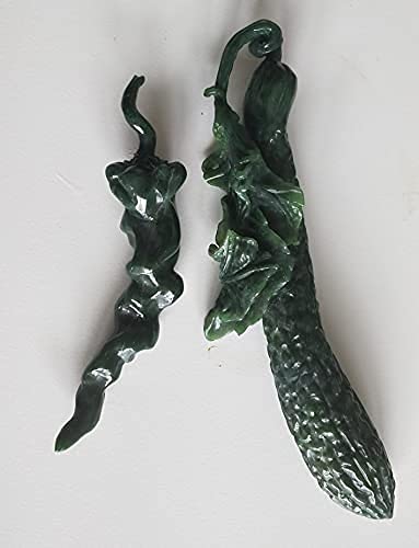 Realistic Green Nephrite Jade Carvings - Cucumber & Pepper Set for Feng Shui, Home Decor, Wealth & Longevity | Perfect for Living Room Display, Office Desk Ornament, and Meaningful Gift