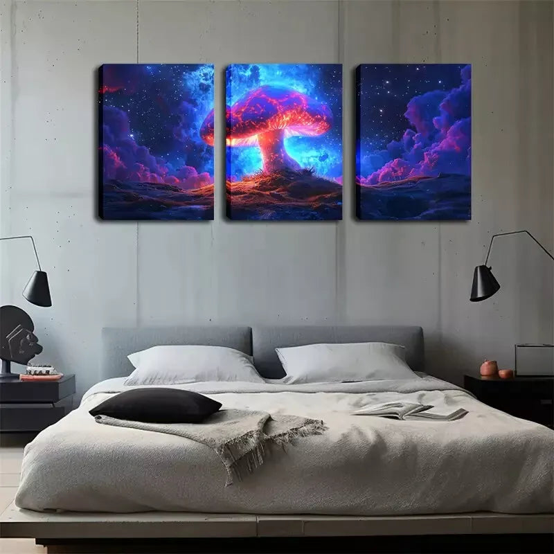 3-Piece Glowing Mushroom Wall Art Set - Framed Canvas 40x60cm - High Quality Print - 100% Australian Made - Ready to Hang - Perfect for Bedroom, Living Room & Nursery Decor