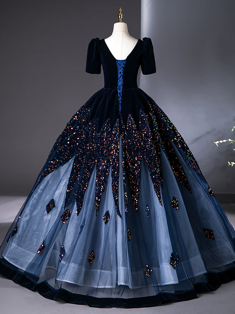 Elegant A-Line V-Neck Velvet Tulle Dark Blue Long Prom Dress | Formal Evening Gown for Women | Perfect for Homecoming, Ball, and Special Occasions