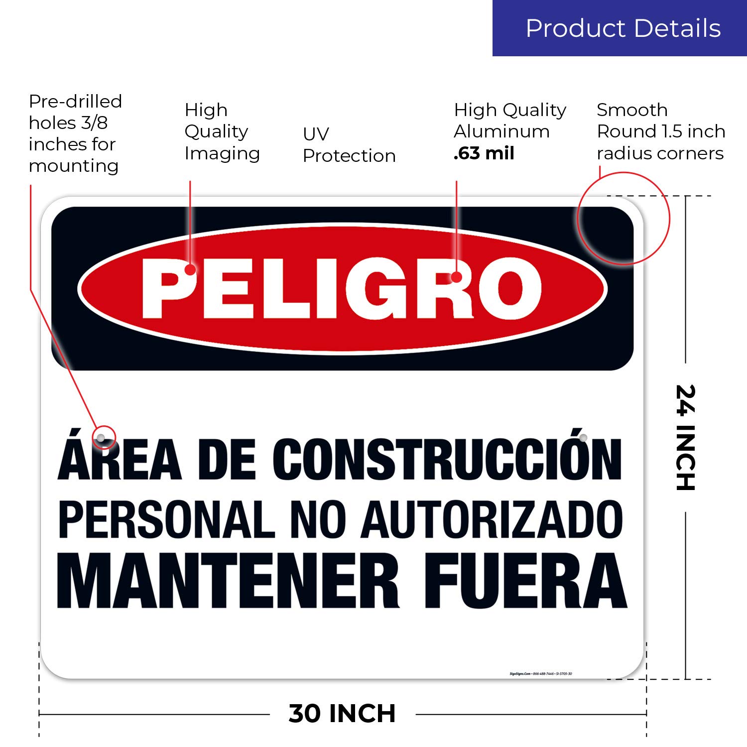 OSHA Approved Construction Danger Sign - Unauthorized Personnel Keep Out in Spanish - 24x30 Inch Rust-Free Aluminum Sign for Indoor/Outdoor Use - Durable, Fade-Resistant Safety Sign Made in USA - Perfect for Construction Sites, Warehouses & Restricted Areas