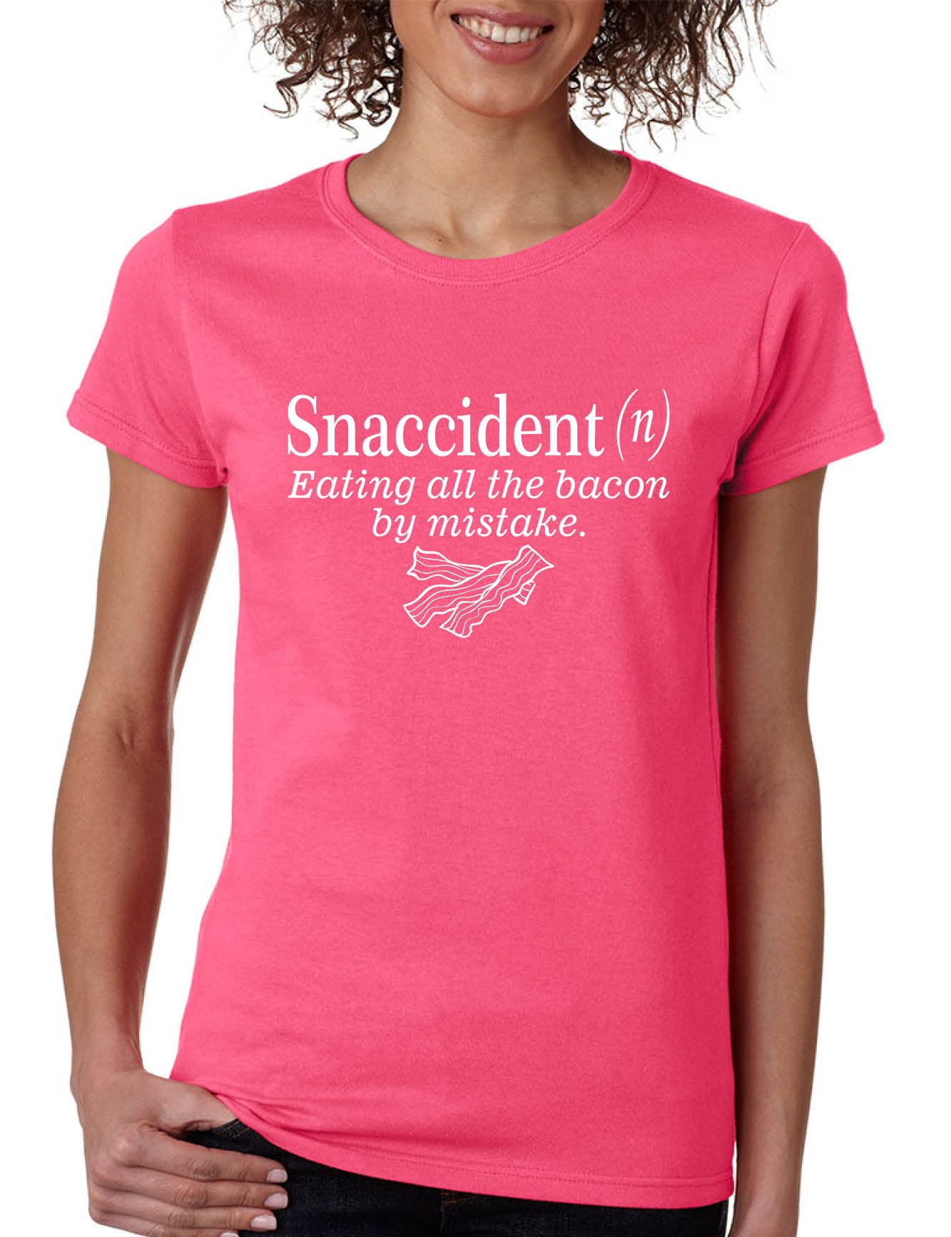 ALLNTRENDS Women's Funny Bacon Lover T-Shirt - Snaccident Definition Graphic Tee for Casual Wear, Gift for Foodies & Snack Enthusiasts