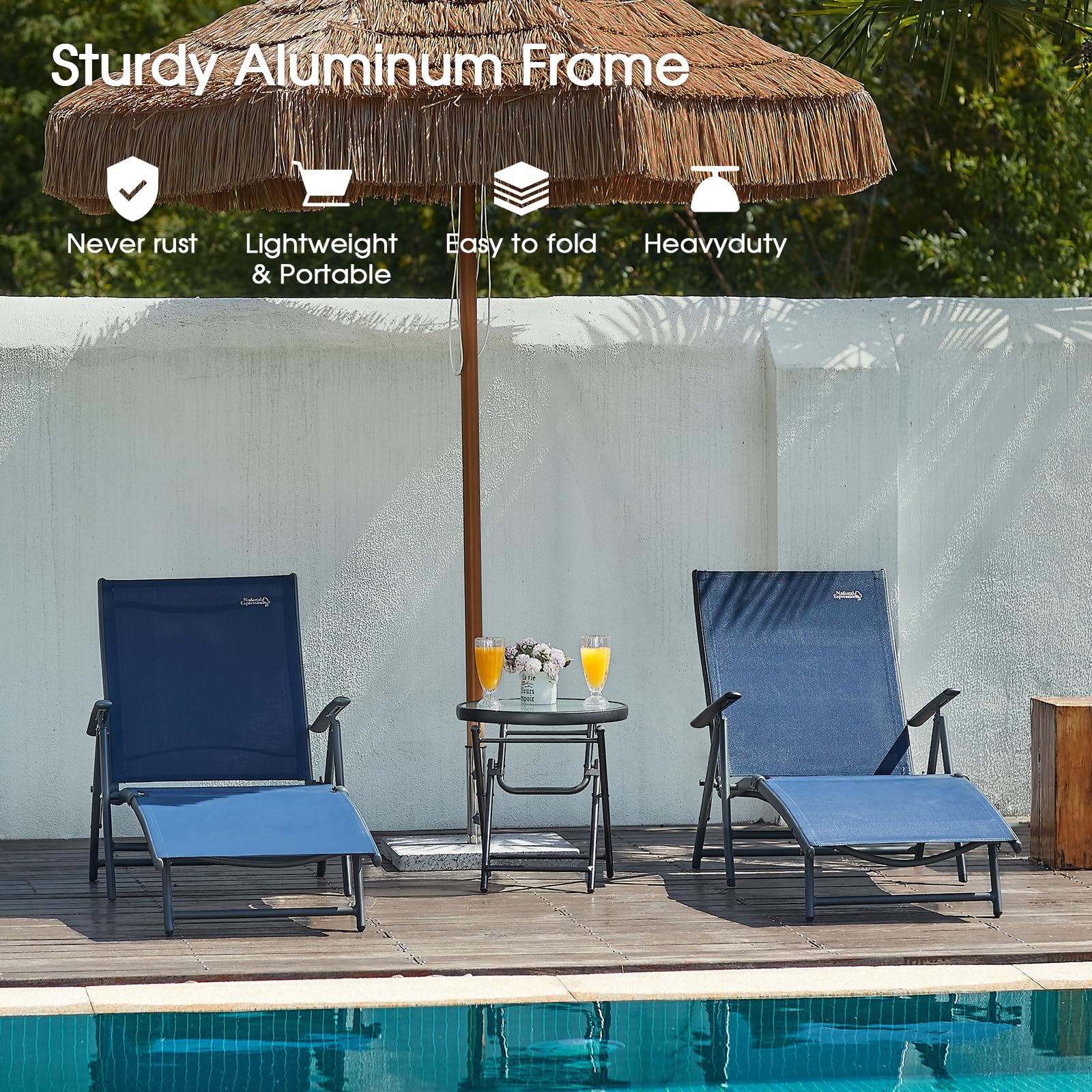 **Premium Aluminum Folding Chaise Lounge Chair - 7-Position Adjustable Backrest, Portable Outdoor Recliner for Poolside, Beach, Backyard & Lawn - Supports 300 lbs - Perfect for Sunbathing, Relaxing & Lounging**