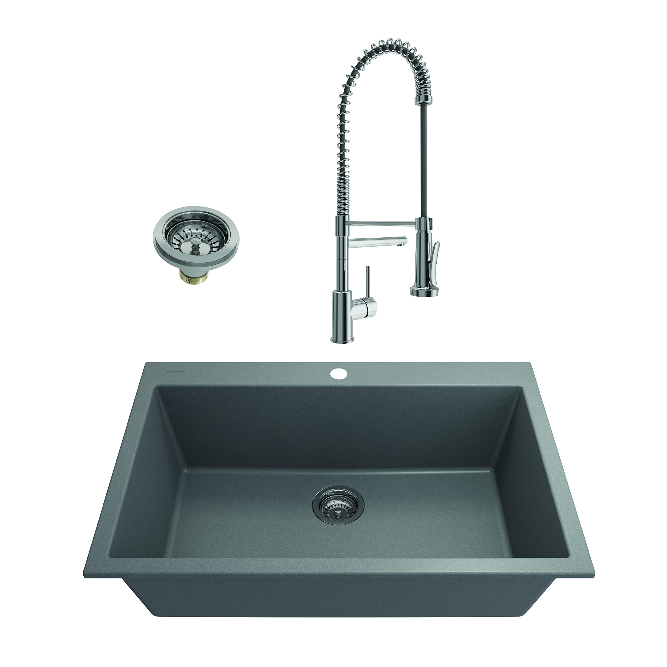 BOCCHI Campino Uno 33-inch Concrete Gray Dual Mount Granite Composite Single Bowl Kitchen Sink with Accessories & Chrome Faucet - Perfect for Modern Farmhouse & Contemporary Kitchen Remodels