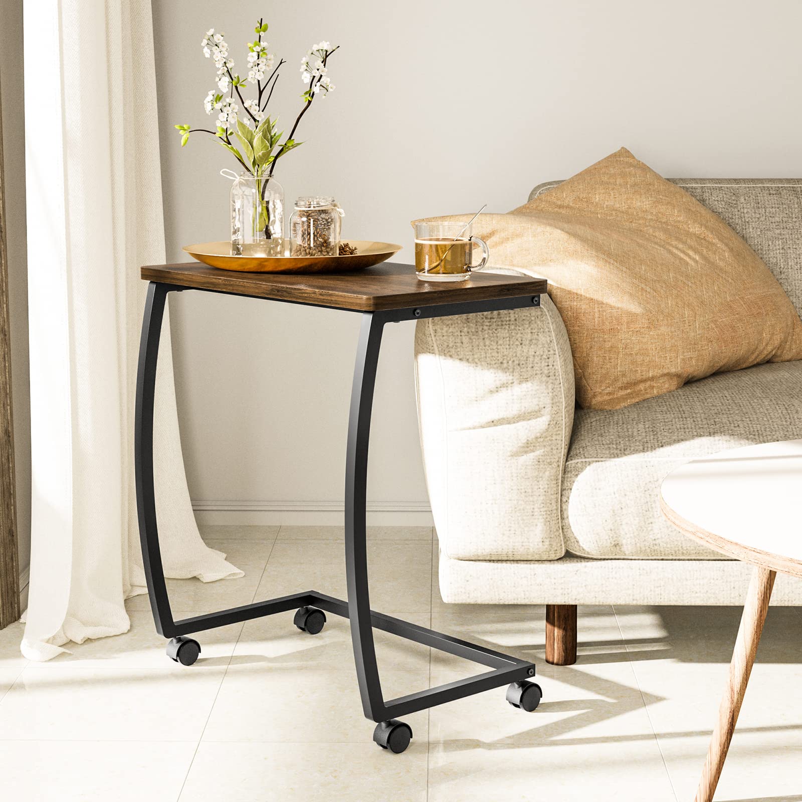 SRIWATANA C-Shaped End Table with Wheels - Rustic Sofa Side Table for Living Room, Bedroom, Office - Dark Walnut Rolling Coffee Table for Laptop, Snacks & Drinks - Perfect for Small Spaces & Home Decor