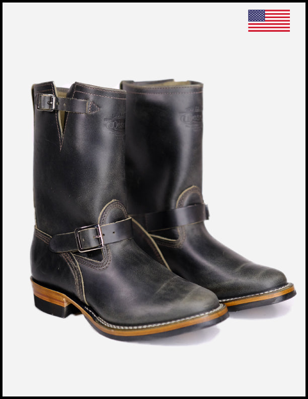 Premium Wesco Boots X The Shop Mister Lou - Petrolio Olive Waxed Black Horsehide Engineer Boots for Men | Durable Work & Motorcycle Riding Footwear