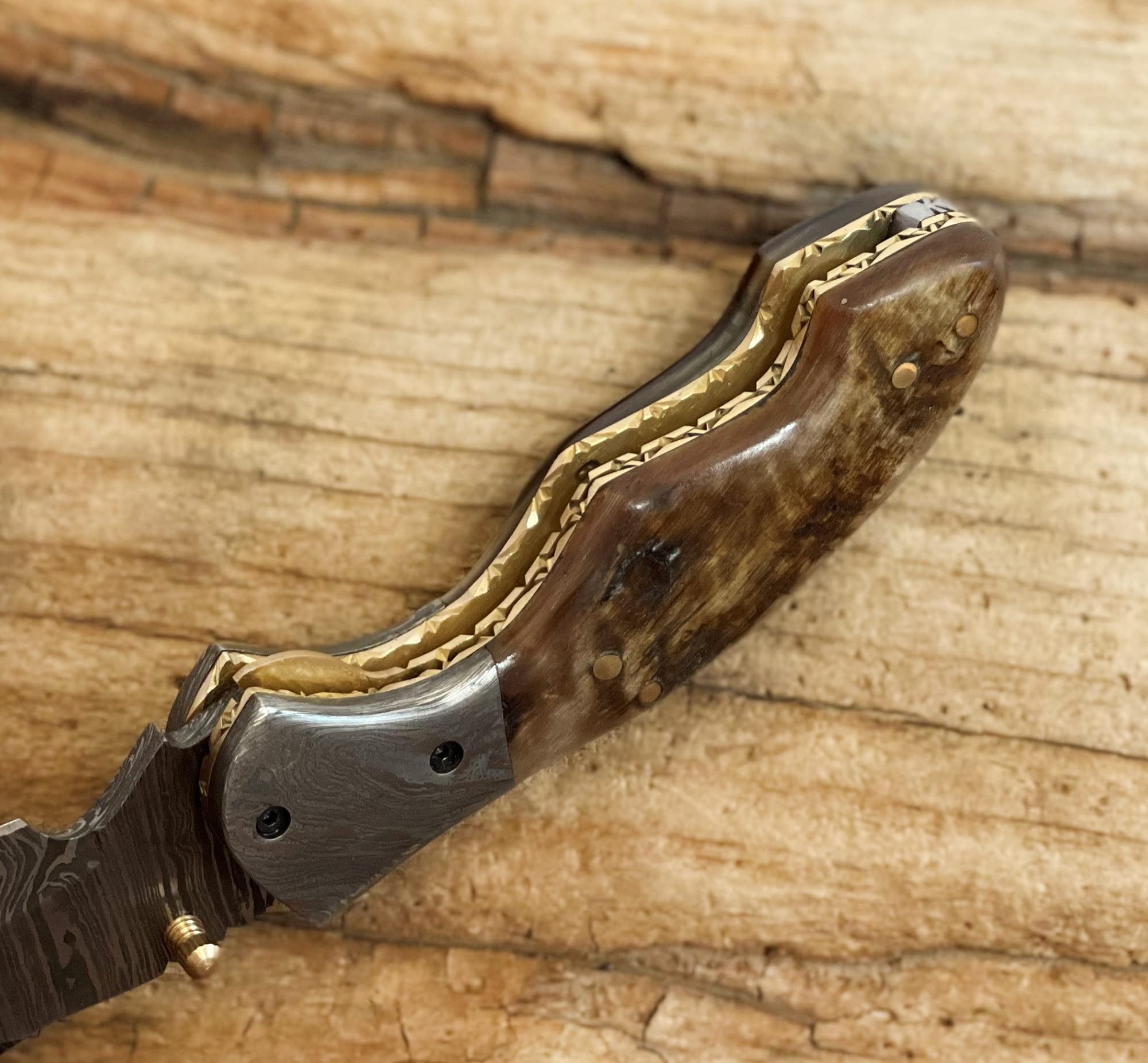 Premium Damascus Steel Folding Pocket Knife with Ram Horn Handle - 100% Handmade Men's Gift Knife with Leather Sheath - 7.5