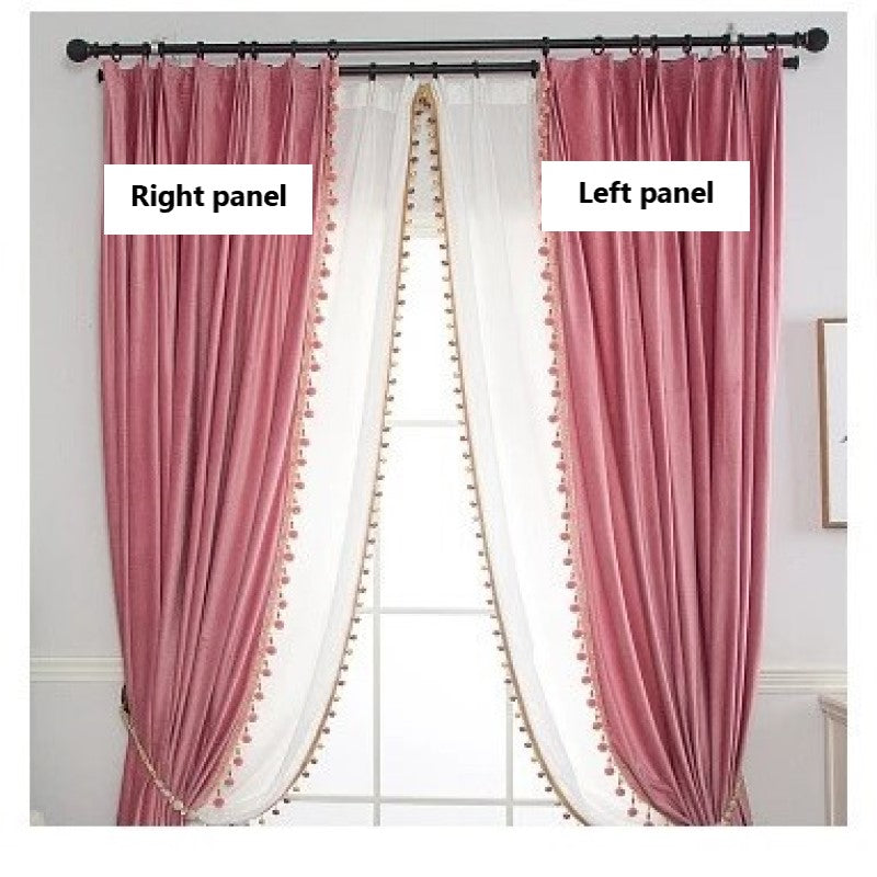 Luxury European Pompom Lace Velvet Curtains - Pink Elegant Window Drapes for Living Room & Bedroom Decor
