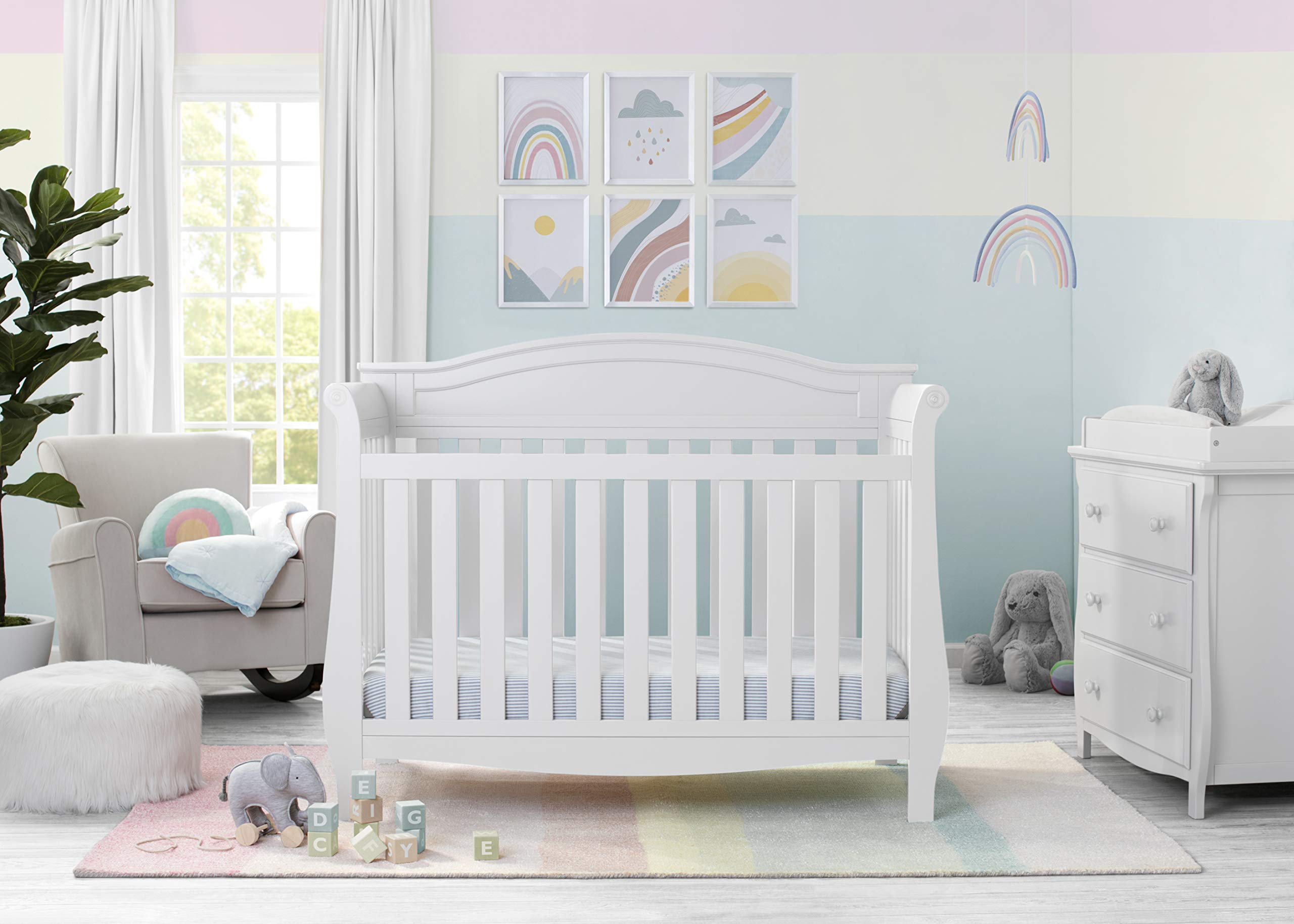 Delta Children Lancaster 4-in-1 Convertible Baby Crib in Bianca White with Serta Perfect Slumber Dual-Sided Crib Mattress - Nursery Furniture Set for Newborns to Toddlers | Safe Sleep Solution for Baby's Bedroom & Daycare Use