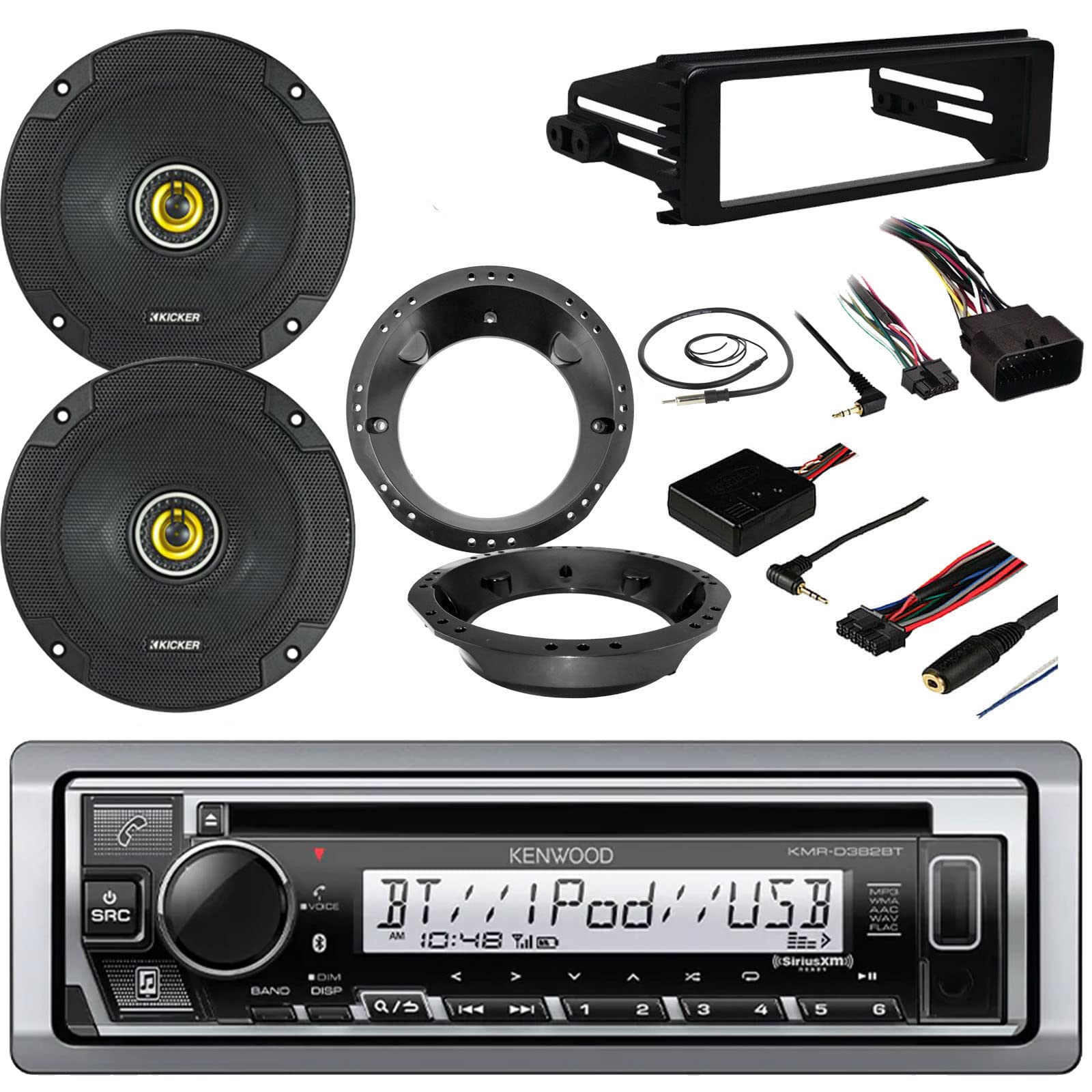 98-2013 Harley Kenwood KMR-M Marine Motorcycle ATV Bike Stereo System with Enrock Antenna & 2 Kicker Speakers - FLHT FLHTC Touring Kit Installation Package | Perfect for Road Trips & Outdoor Adventures