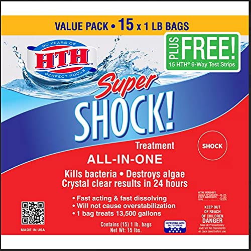 HTH 52123 Super Shock Treatment Swimming Pool Chlorine Cleaner - 1 lb (15 Pack) | Fast-Acting Pool Sanitizer for Crystal Clear Water | Perfect for Weekly Pool Maintenance & Algae Prevention