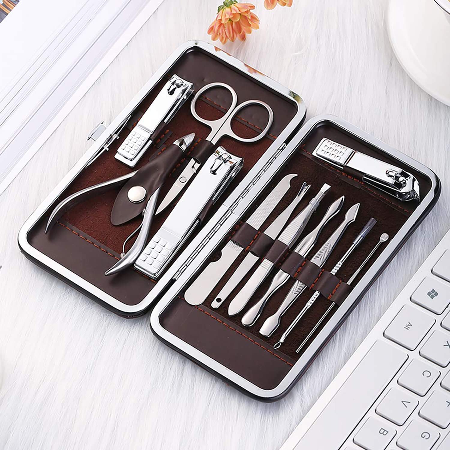 Professional 12-in-1 Stainless Steel Manicure & Grooming Kit with Luxury Leather Travel Case - Perfect for Home, Travel, and Personal Care