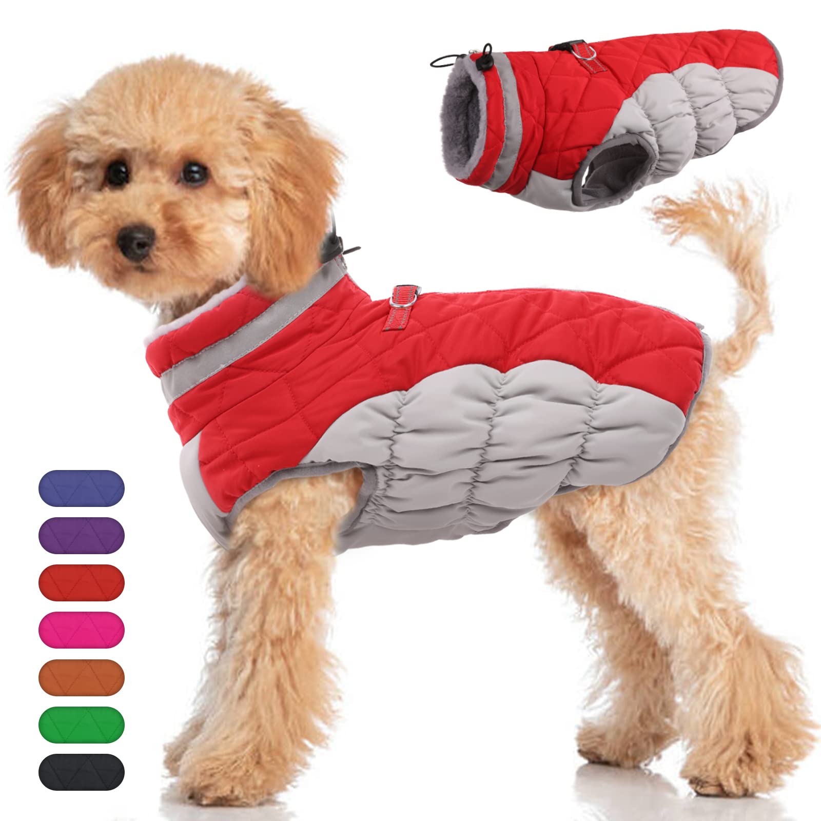 Small Dog Winter Coat - Waterproof & Warm Dog Jacket with Built-in Harness for Shih Tzu, Bichon & Small Breeds - Red Snowsuit for Cold Weather, Outdoor Walks & Winter Adventures