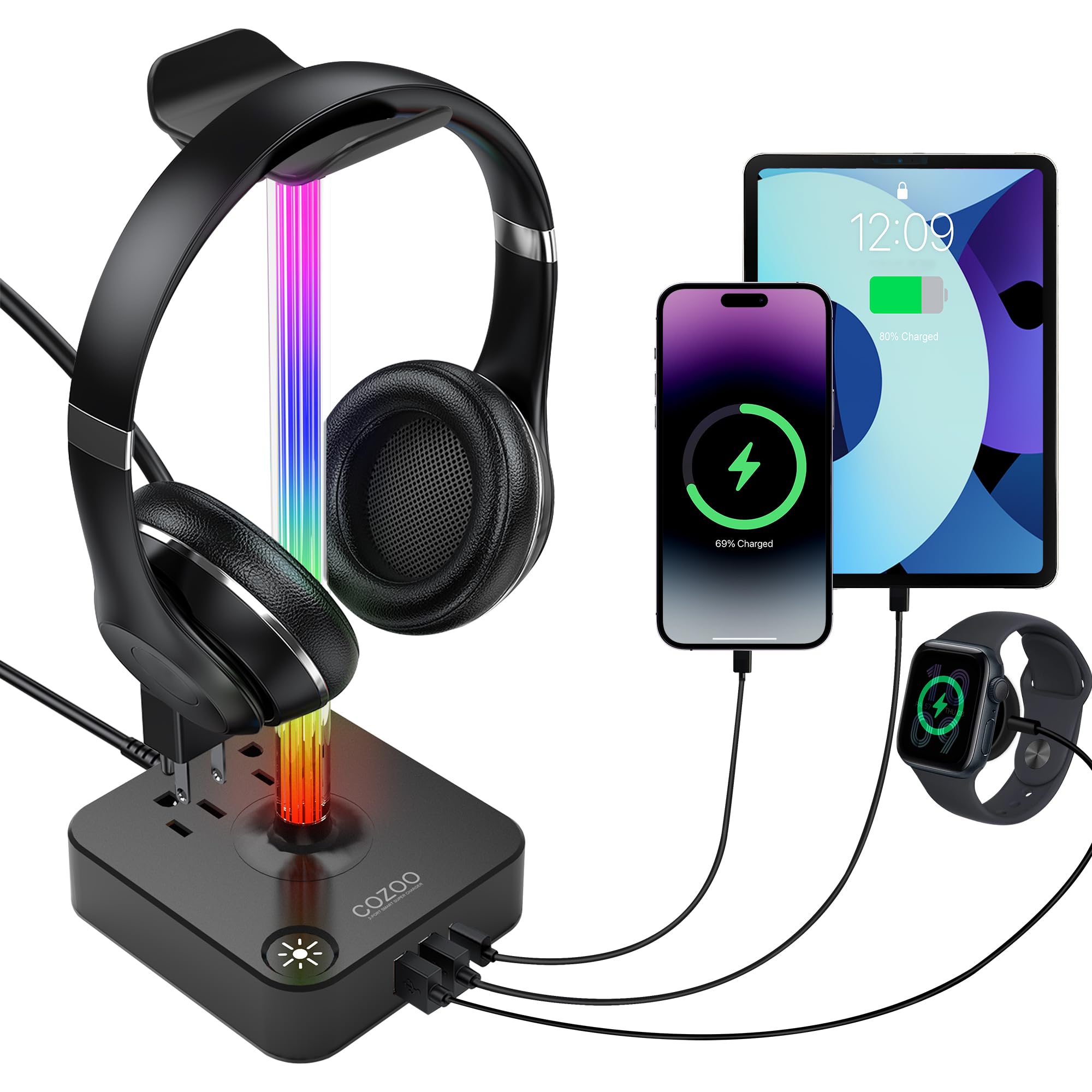 RGB Gaming Headphone Stand with USB Charger & 2 Outlets - COZOO Desktop Headset Holder for Wireless Earphones, DJ Equipment & PC Gaming Setup - Perfect for Gaming Room, Office Desk & Gamer Gift Ideas