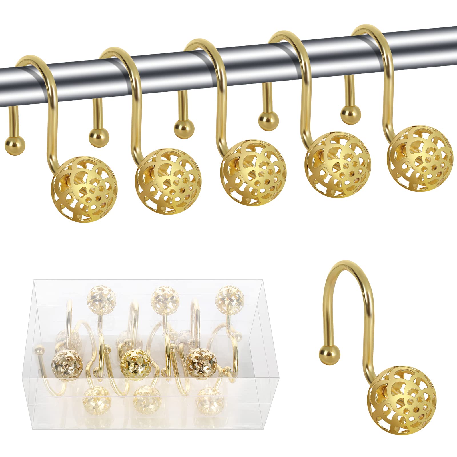 BEAVO Rustproof Resin Rose Flower Shower Curtain Hooks - Set of 12 Gold Ball Hooks for Bathroom Decor, Durable Shower Rings for Rods & Curtains - Perfect for Vintage, Farmhouse or Modern Bathroom Styles
