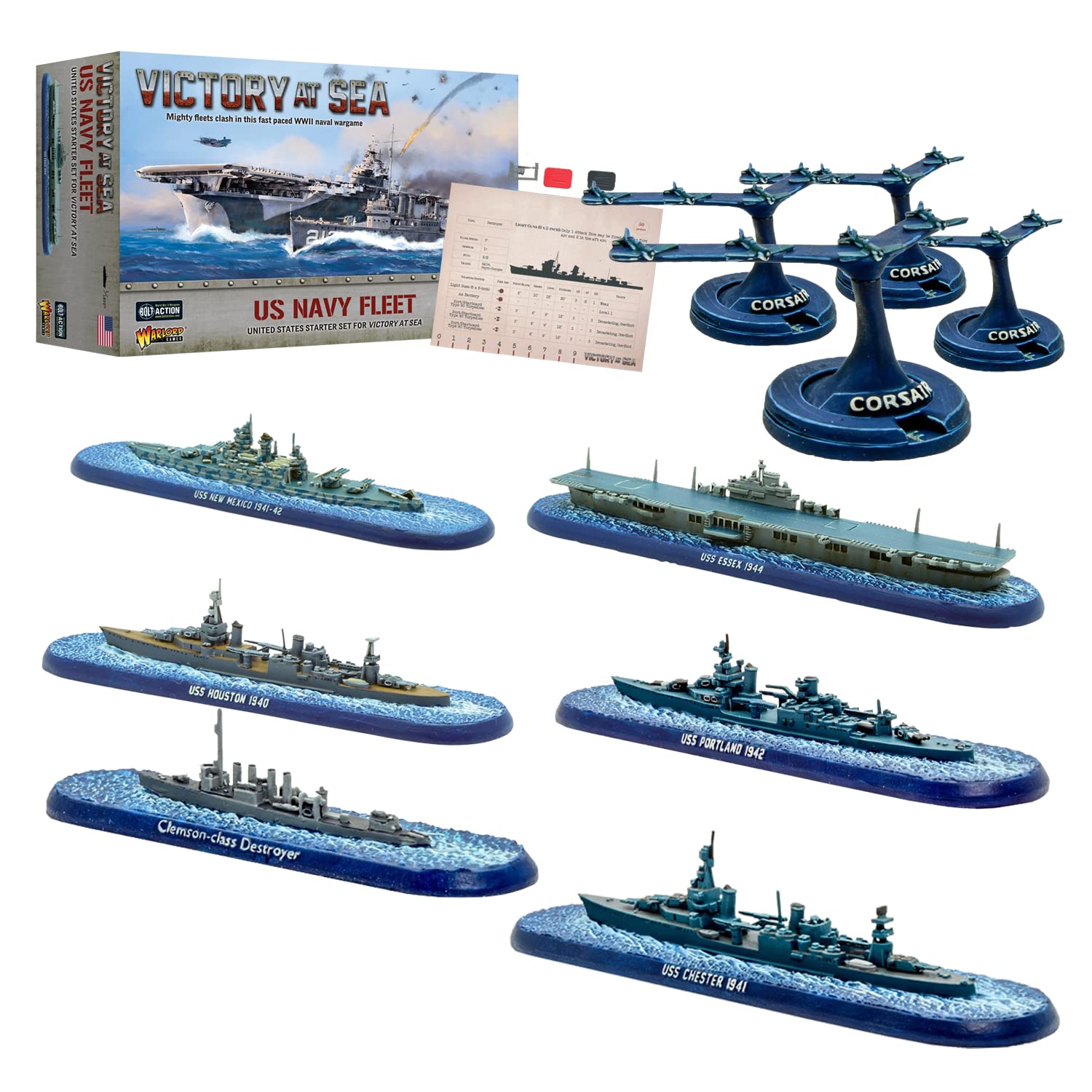 Warlord Games Victory at Sea US Navy Fleet Starter Set - WWII Battleship Plastic Model Kit with 4 Aircraft & 8 Vessels | Includes Assembly Instructions & Digital Bundle | Perfect for Wargaming, Historical Collectors & Tabletop Strategy Enthusiasts