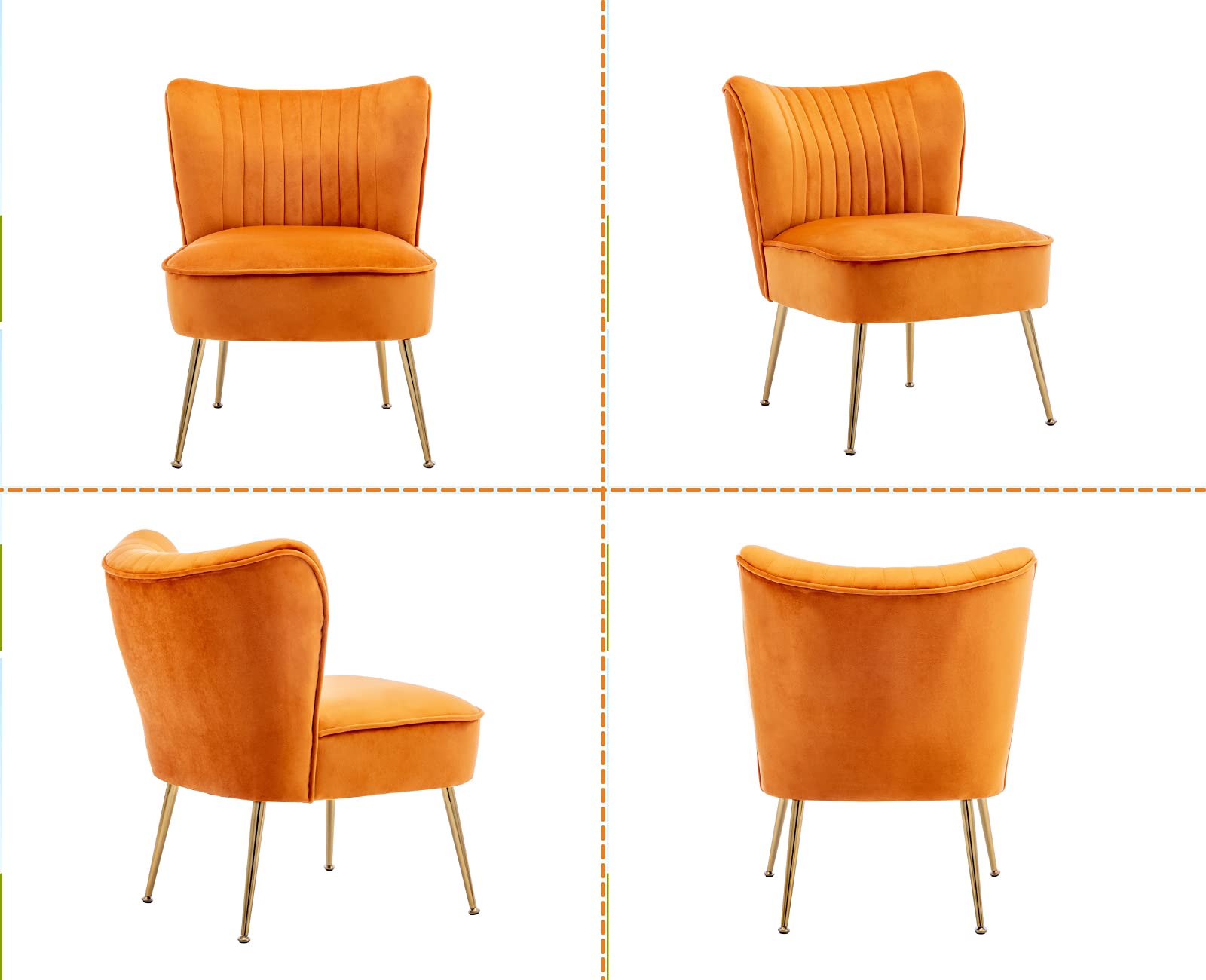 Velvet Accent Chairs Set of 2 - Mid-Century Modern Upholstered Side Chairs with Golden Legs, Comfy Armless Wingback Slipper Chairs for Living Room, Guest Room & Bedroom - Stylish Orange Home Decor for Cozy Seating & Lounge Areas