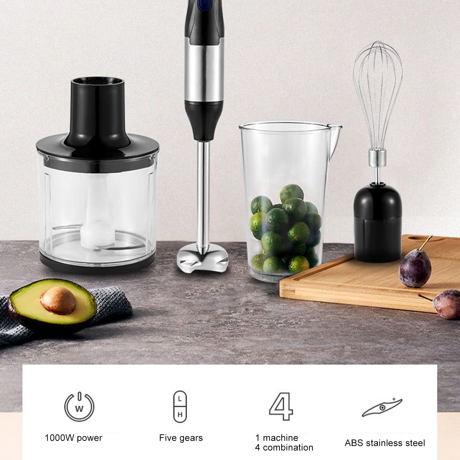 4-in-1 Multifunctional Hand Blender with 700ml Mixing Cup & 500ml Meat Grinding Bowl - Stainless Steel Immersion Blender, Egg Beater, Food Processor - 110V US Plug - Perfect for Smoothies, Soups, Baby Food & Baking