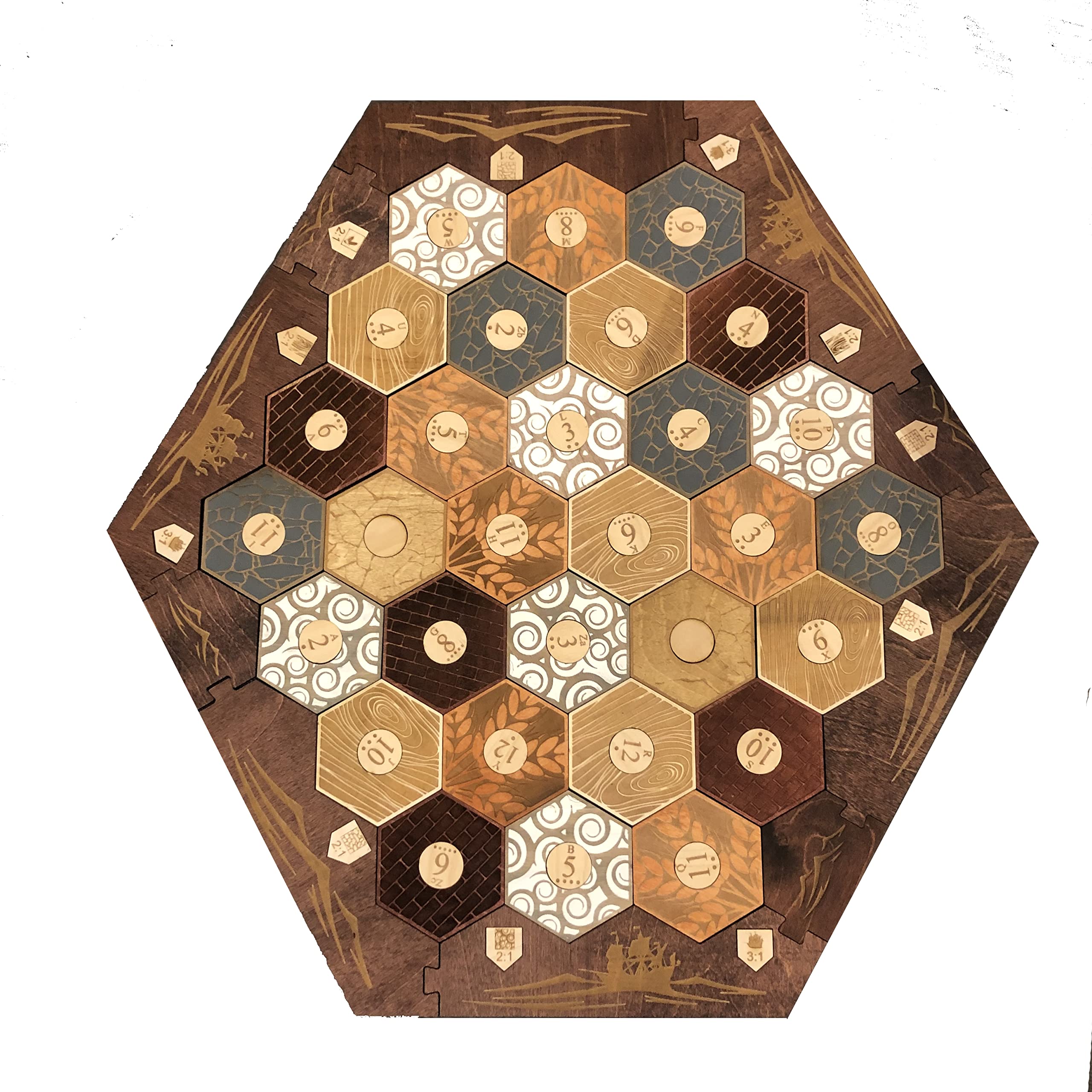 Custom Laser Etched Wooden Game Board with Stained Finish - Compatible with Settlers of Catan 5-6 Player Expansion | Includes Terrain, Border & Number Tokens | Perfect for Family Game Nights & Strategy Board Game Enthusiasts