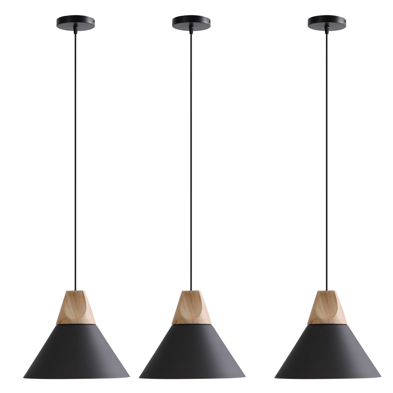 Modern Matte Black Pendant Light - Solid Wood Ceiling Hanging Lamp for Kitchen Island, Dining Room & Coffee Bar (3-Pack) - Perfect for Farmhouse, Industrial & Contemporary Home Decor
