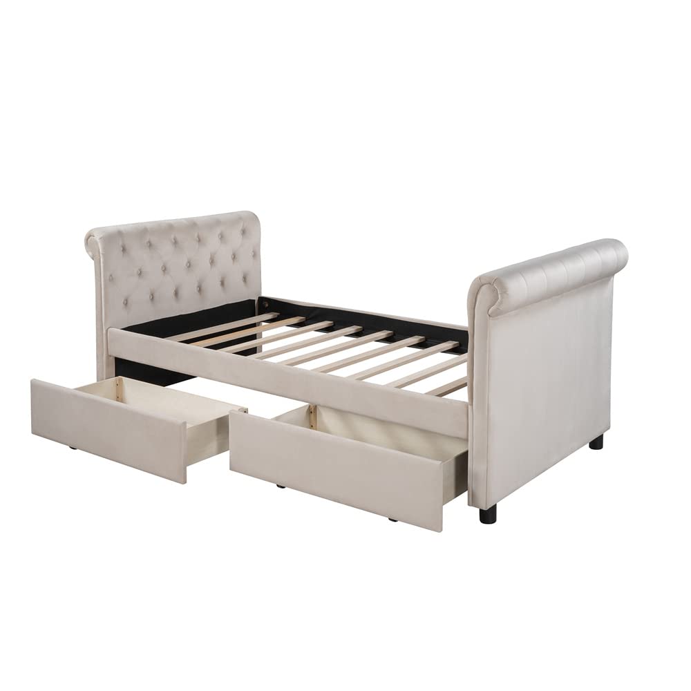 Twin Daybed with Storage Drawers & Wood Slats - Tufted Sofa Bed for Living Room & Office