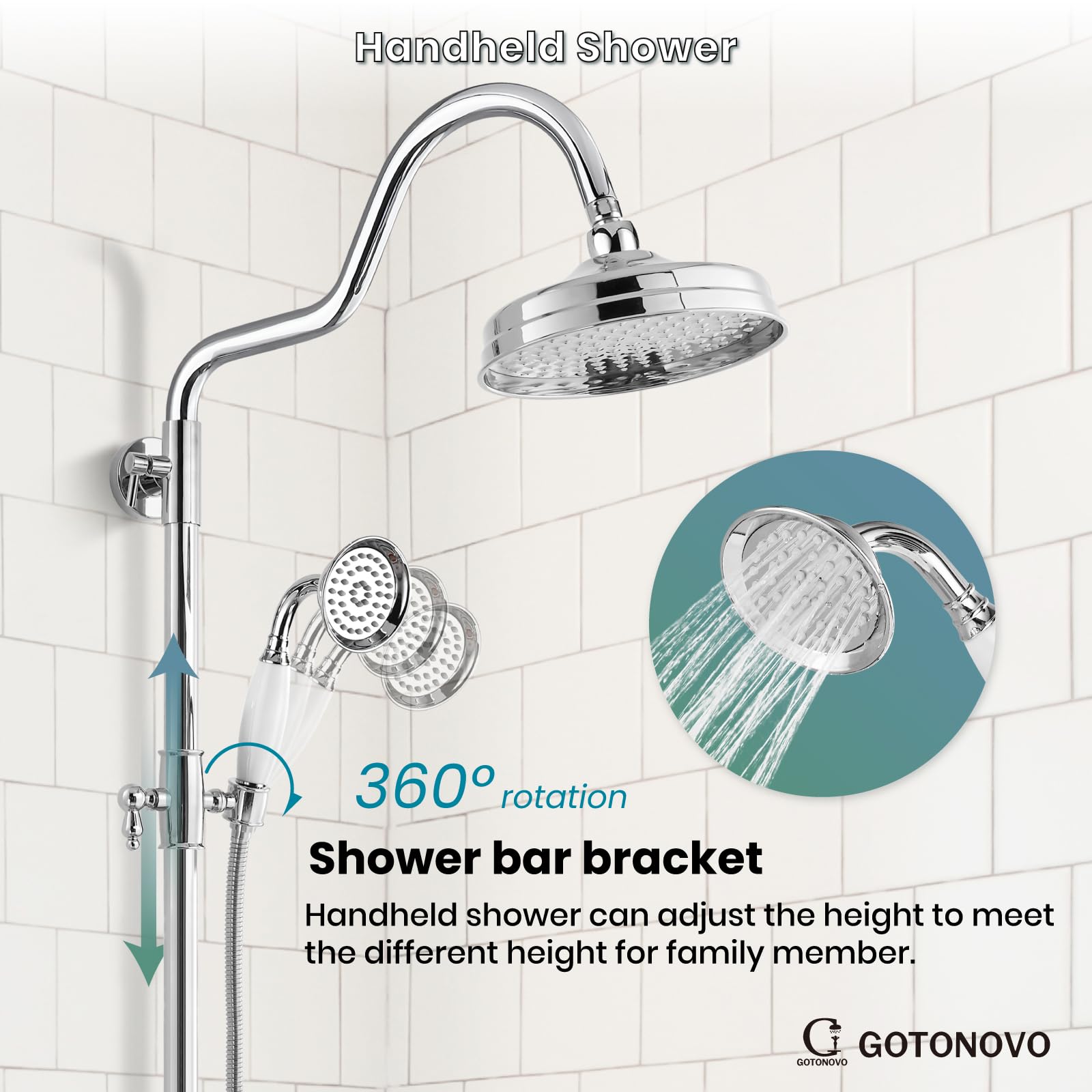 Luxury 8 Inch Wall Mount Rainfall Shower System - Exposed Shower Faucet Set with Adjustable Arc Rod, Handheld Spray & Cross Double Handle in Polished Chrome | Perfect for Modern Bathrooms, Spa-Like Experience, Master Suite Renovation