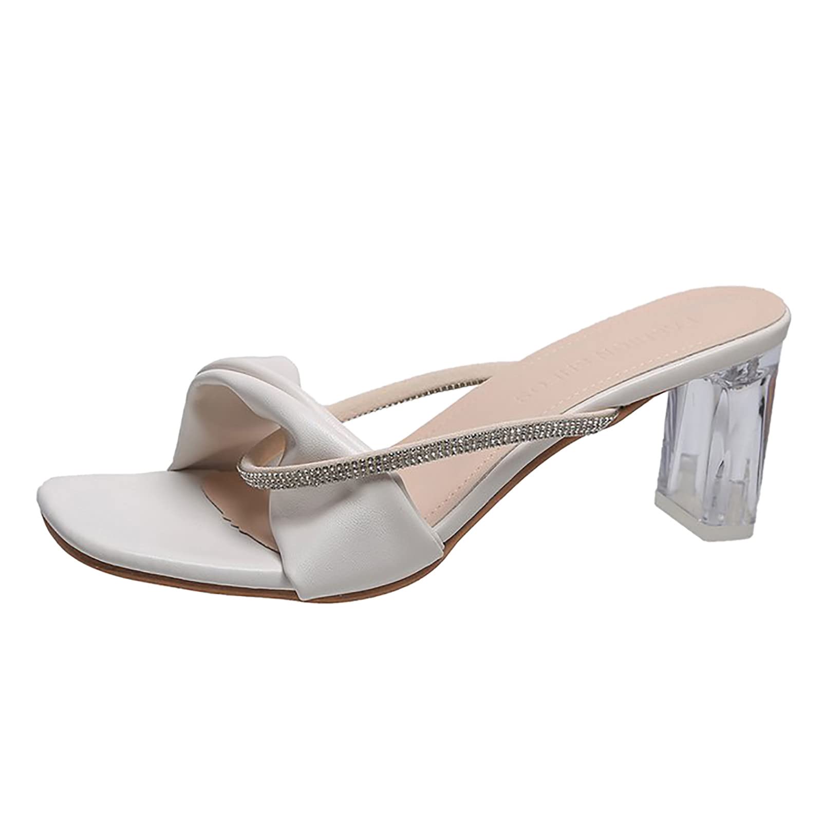 Women's Chunky Heel Slide Sandals - Rhinestone Embellished Leather & Cargo Design Fashion Slippers for Casual Outings, Beach Wear & Summer Comfort