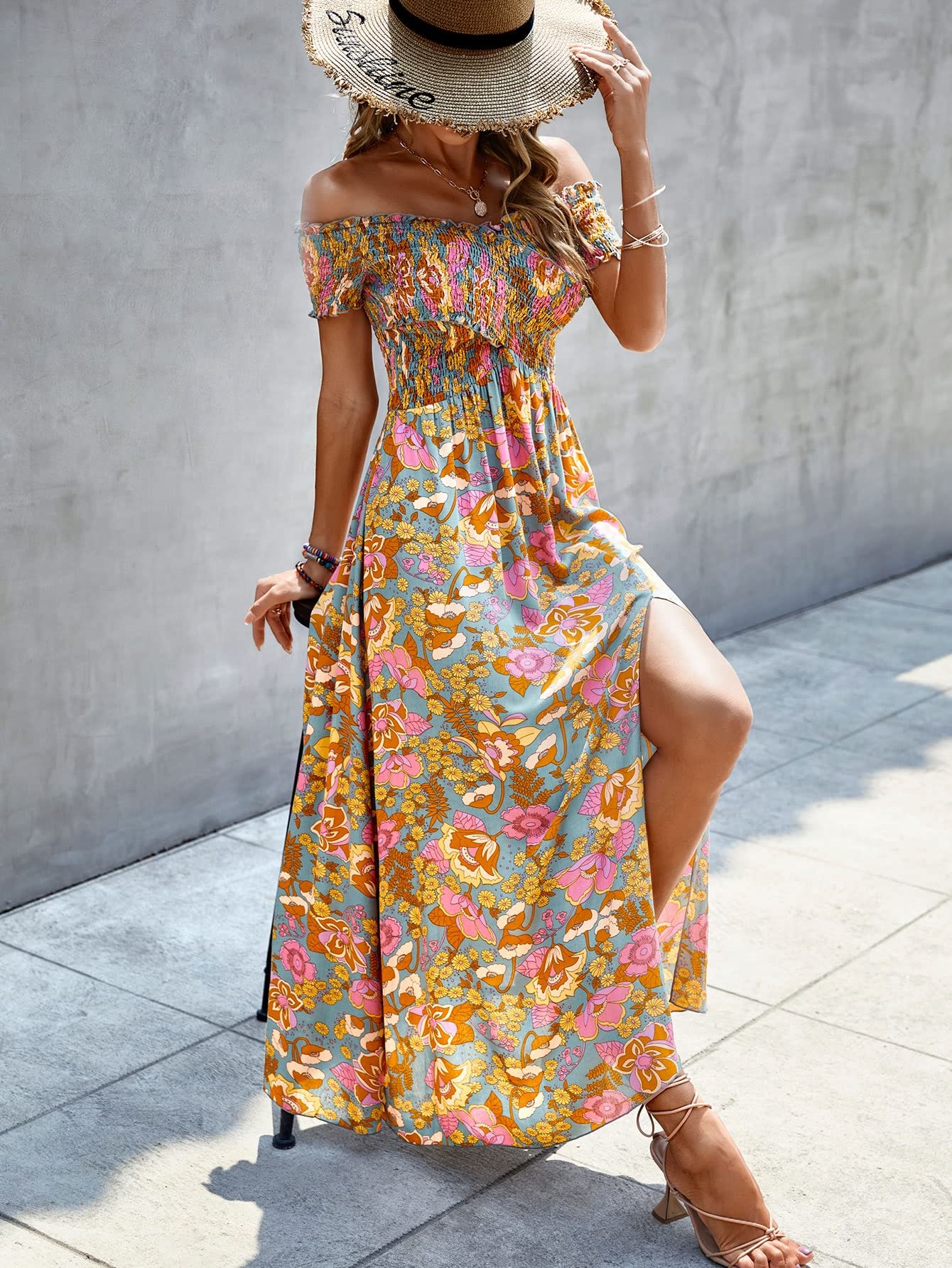 Floral Print Summer Dresses for Women 2024 - Off Shoulder Bardot Crossover Shirred Midi Dress (Multicolor, X-Large) | Beach Vacation, Garden Party & Casual Outfit