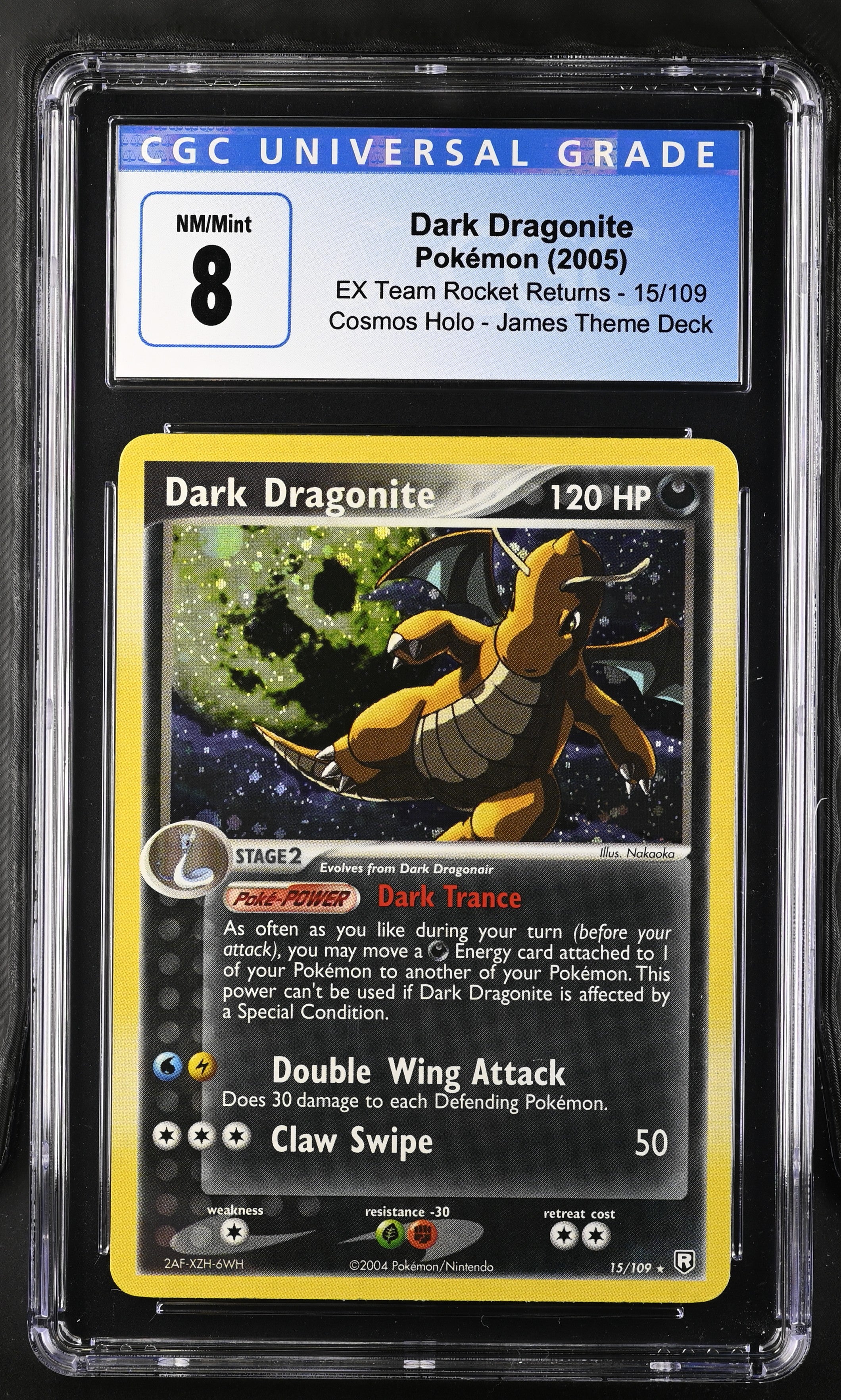 2005 Pokemon Team Rocket Returns Dark Dragonite Cosmos Holo 15/109 CGC 8 NM-Mint Condition - Rare Trading Card for Collectors & Battles