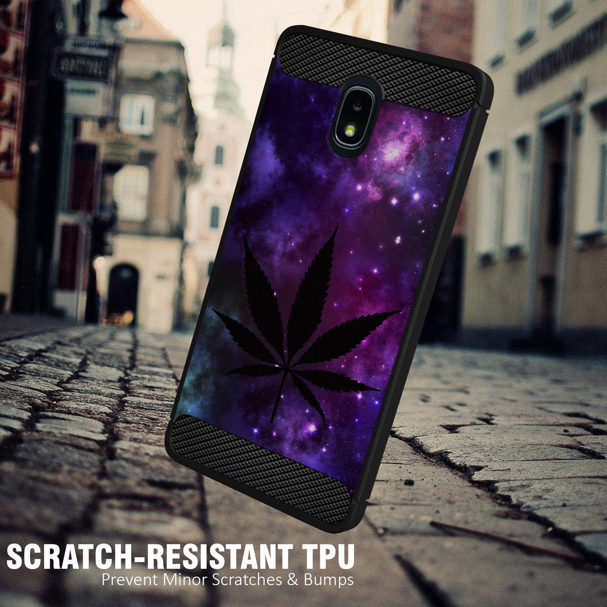 Premium Slim Black TPU Case for Samsung J3 (2018)/J3 Star/J3 Achieve/Express Prime 3/J3 Orbit/Amp Prime 3/Sol 3 - Shockproof Flexible Protective Cover with Purple Leaf Galaxy Design - Perfect for Everyday Use, Travel & Outdoor Activities