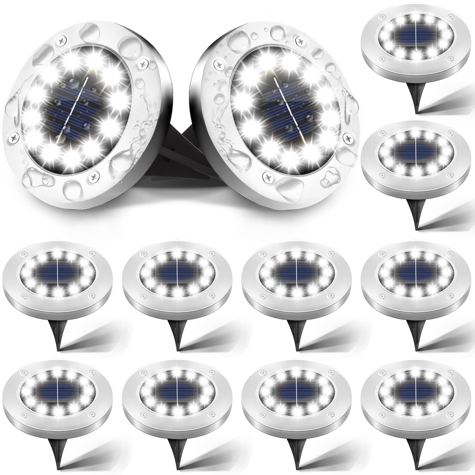 12 Pack Solar Ground Lights - 12 LED Waterproof Solar Garden Lights for Pathway, Yard, Patio, Walkway | Outdoor Landscape Lighting & Christmas Decorations (White) - Perfect for Garden, Lawn, Driveway & Holiday Decoration
