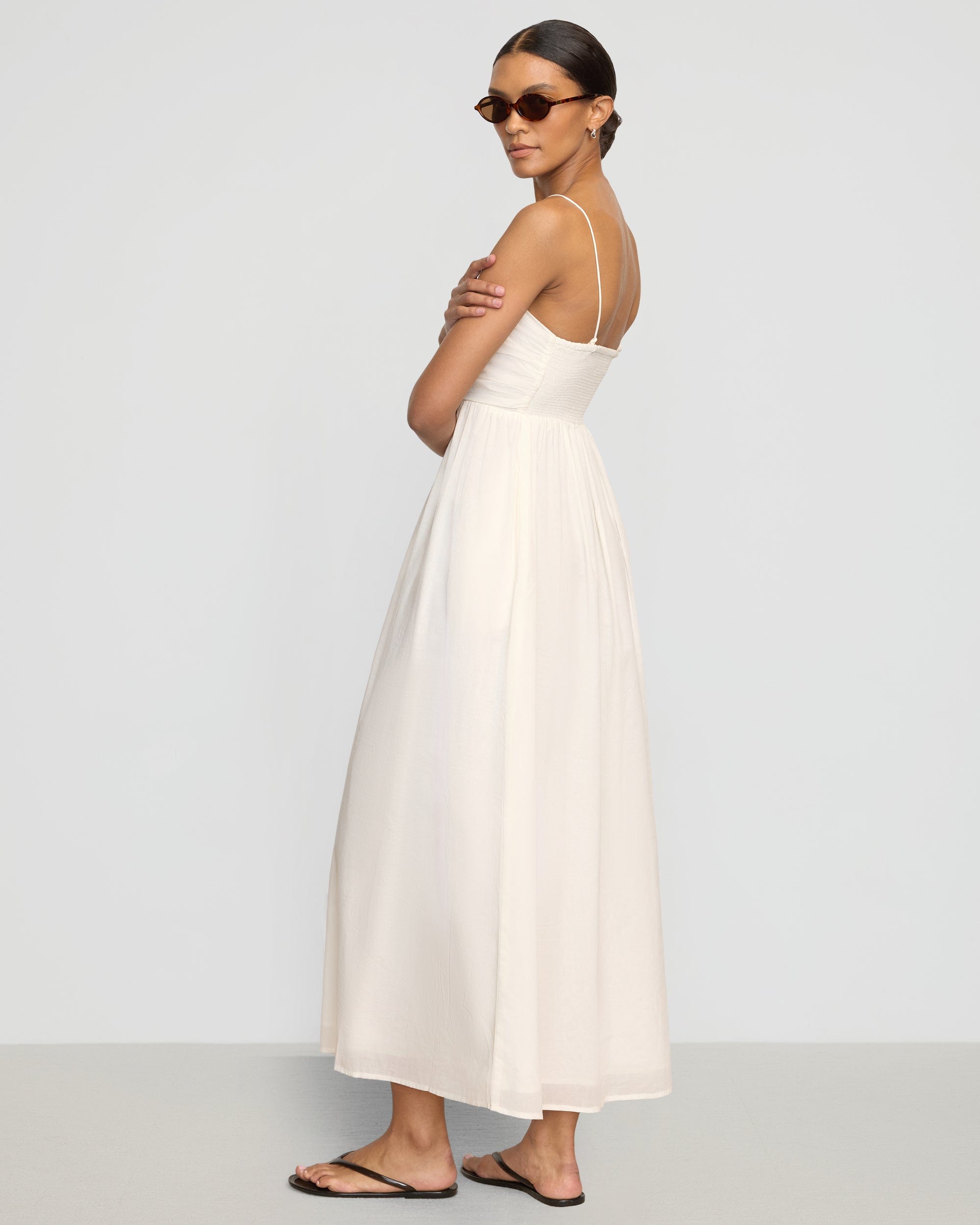 Aurora Ruched Organic Cotton Maxi Dress for Women - Flowy Boho Summer Beach Dress with Side Slits | Perfect for Vacations, Weddings & Date Nights