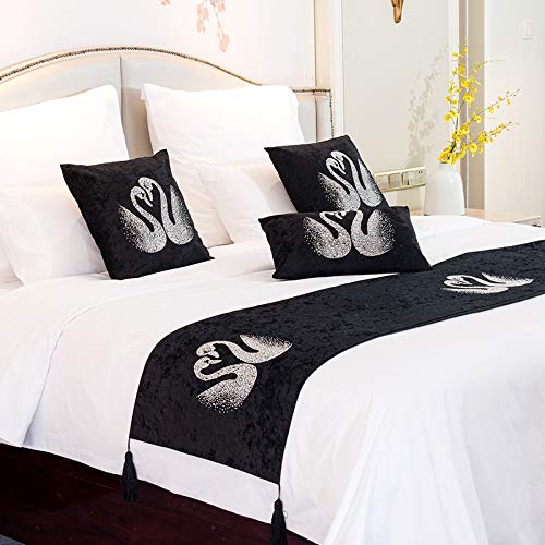 Luxury Velveteen Bed Runner - European Style Hotel Bed Flag for B&B, Swan Lake Design, 45x210cm, Diamond Gold Trim - Perfect for Hotel, Home Decor & Wedding Bedding