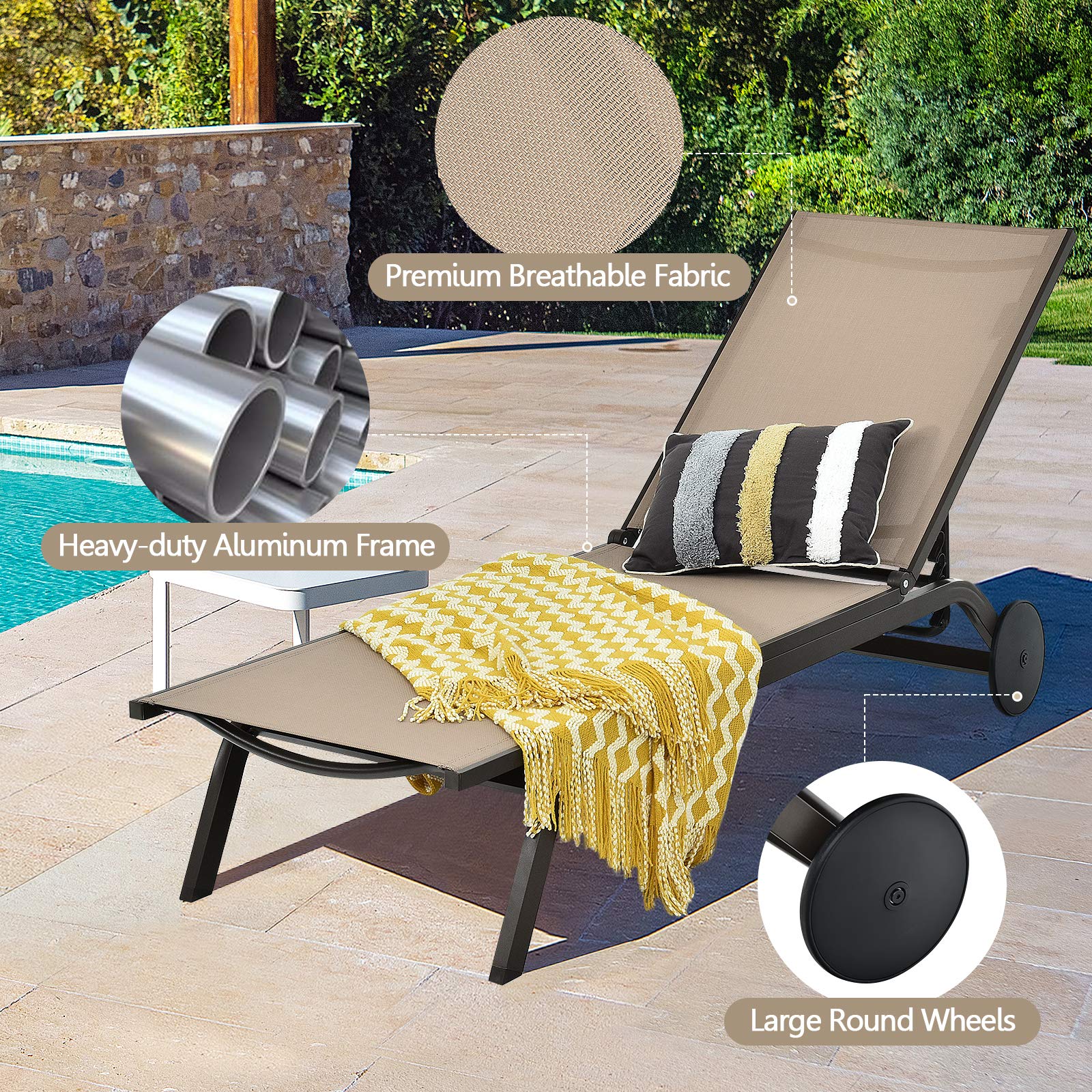 Giantex Adjustable Patio Chaise Lounge Chair with 6-Position Recliner & Wheels - Outdoor Aluminum Sunbathing Chair for Poolside, Beach, Garden & Backyard Relaxation (2-Pack, Brown)