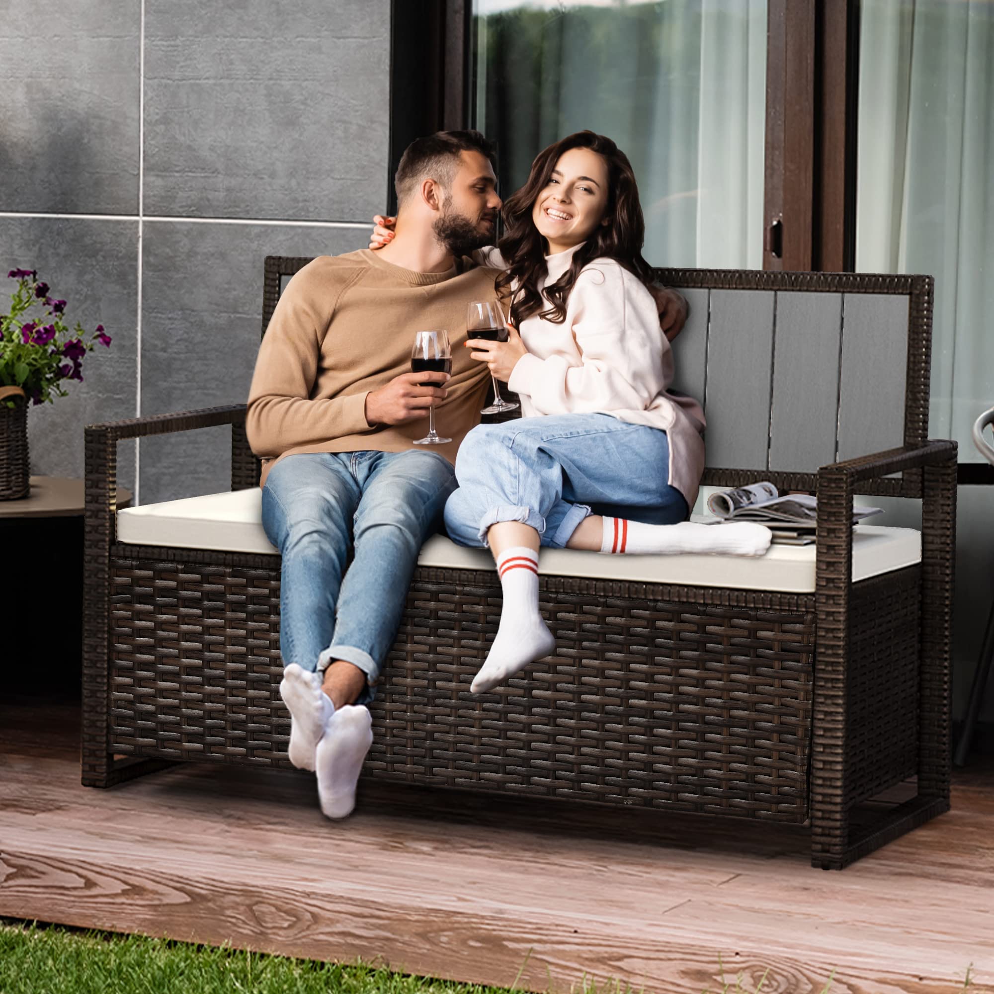 YITAHOME 70 Gallon Outdoor Storage Bench with Weather-Resistant Woven Rattan - Patio Deck Box, Wicker Storage Seat for Garden Tools, Pool Accessories & Outdoor Cushions (Brown) - Perfect for Backyard, Poolside & Patio Organization