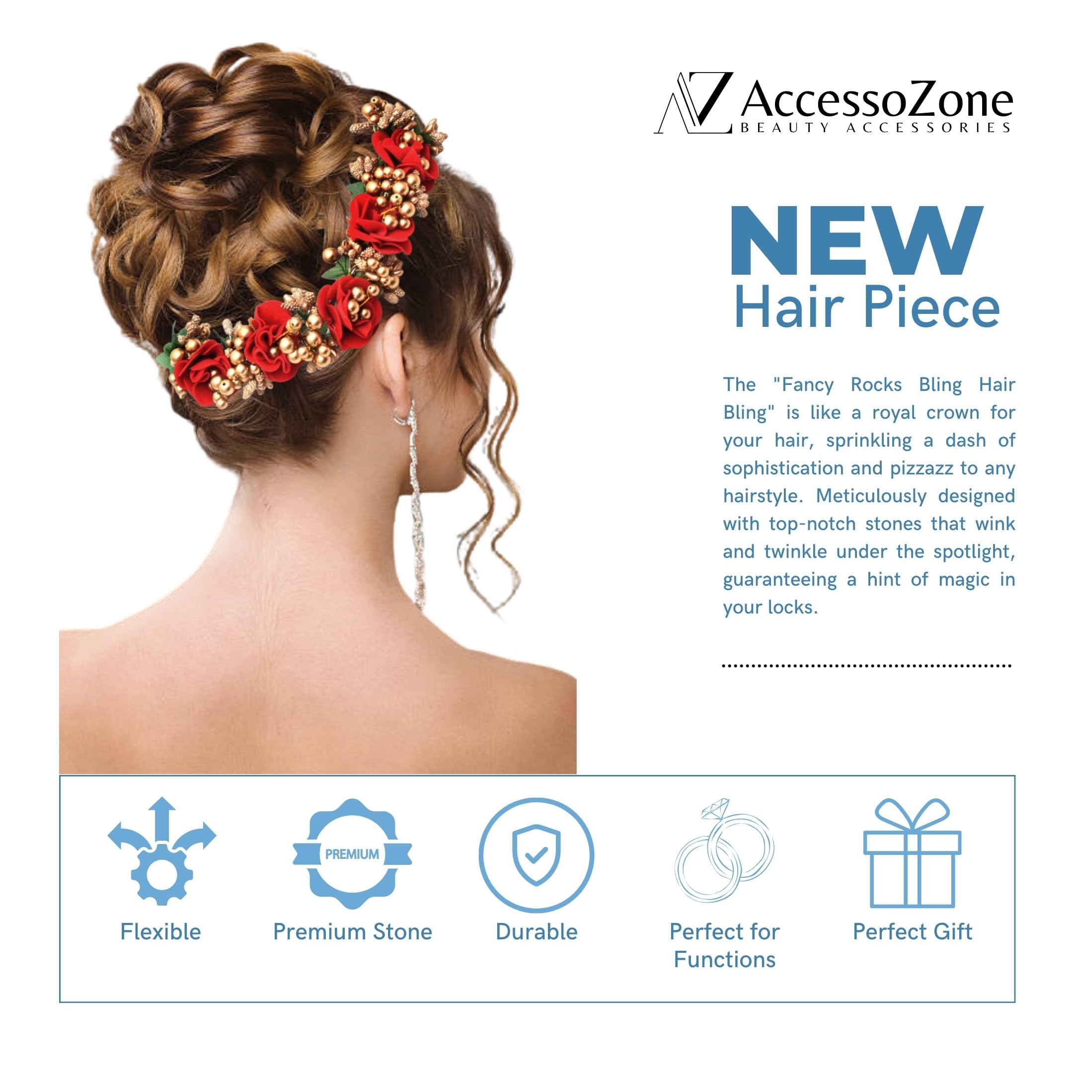 AccessoZone Red Floral Hair Clip with Golden Pearls - Elegant Artificial Leaf & Floral Hair Accessories for Women & Girls | Perfect for Weddings, Parties & Special Occasions