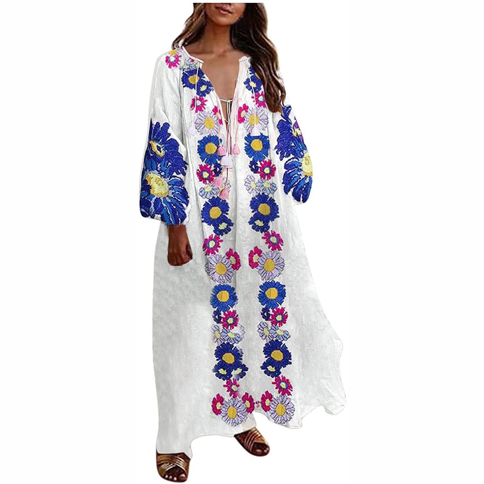 JPVDPA Women's Long Sleeve Boho Midi Dress - Floral Print Retro V Neck with Drawstring & Tassel Details | Loose Fit Maxi Dress for Beach, Vacation, Summer Outfits & Casual Wear