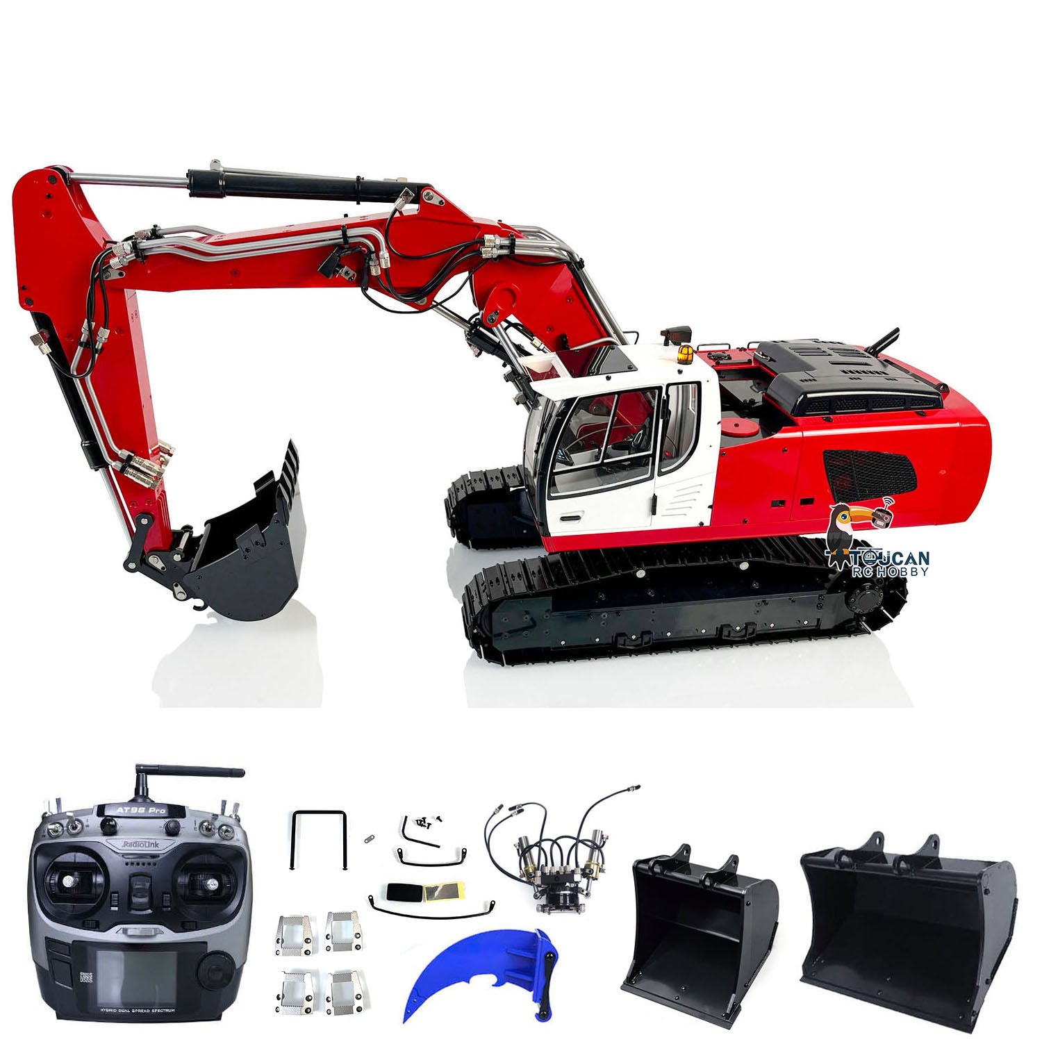 MTMODEL 1:14 Scale Metal RC Hydraulic Excavator Toy - 3 Arms Remote Control Heavy Construction Digger with Tiltable Clamshell Bucket | Realistic Construction Play for Kids & Adults, Outdoor Sandbox & Backyard Digging Fun