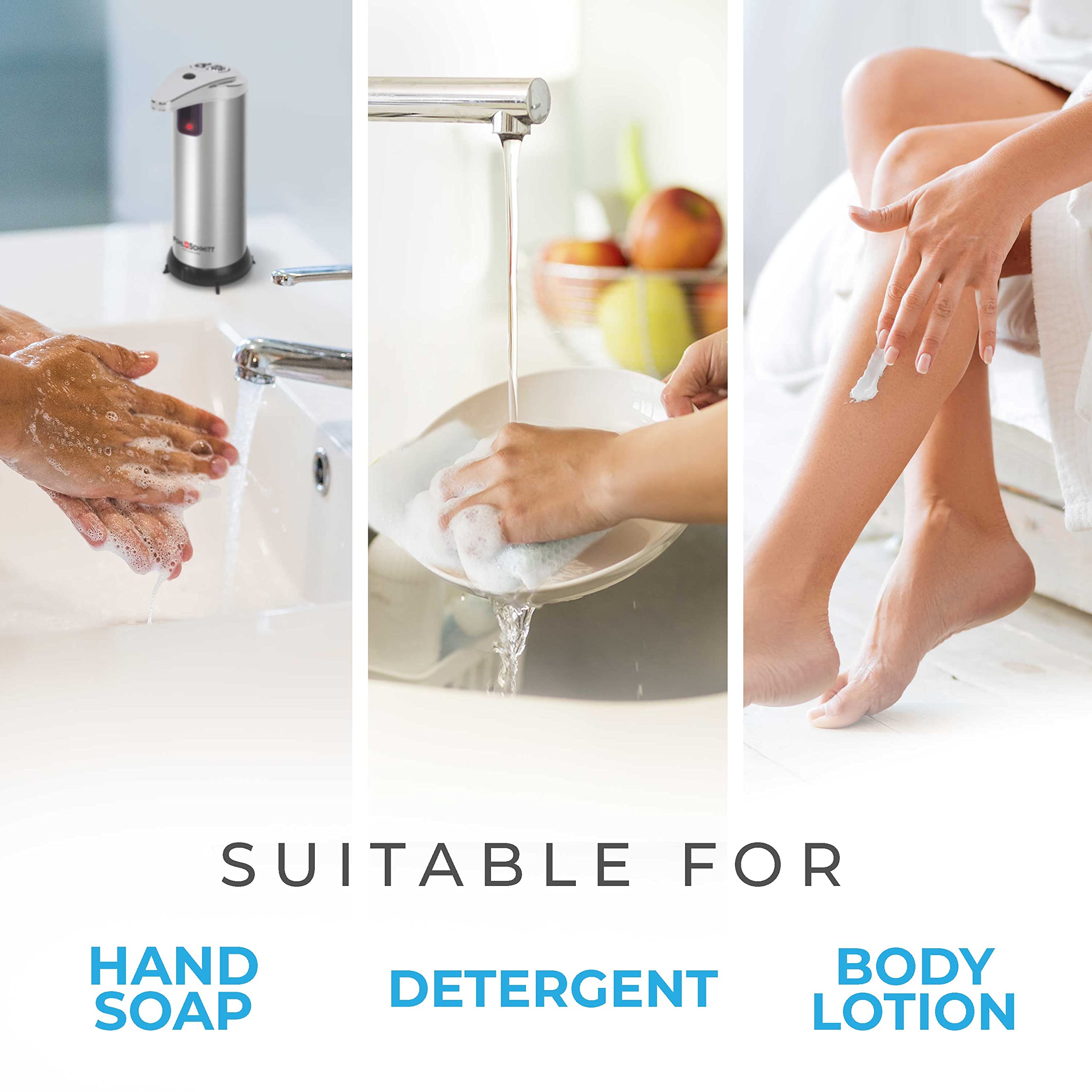 POHL SCHMITT Premium Touchless Automatic Soap Dispenser - Battery Operated, Waterproof & Leakproof with 3 Adjustable Levels - Stainless Steel for Bathroom, Kitchen, Office | Hands-Free Hygiene Solution for Home & Commercial Use
