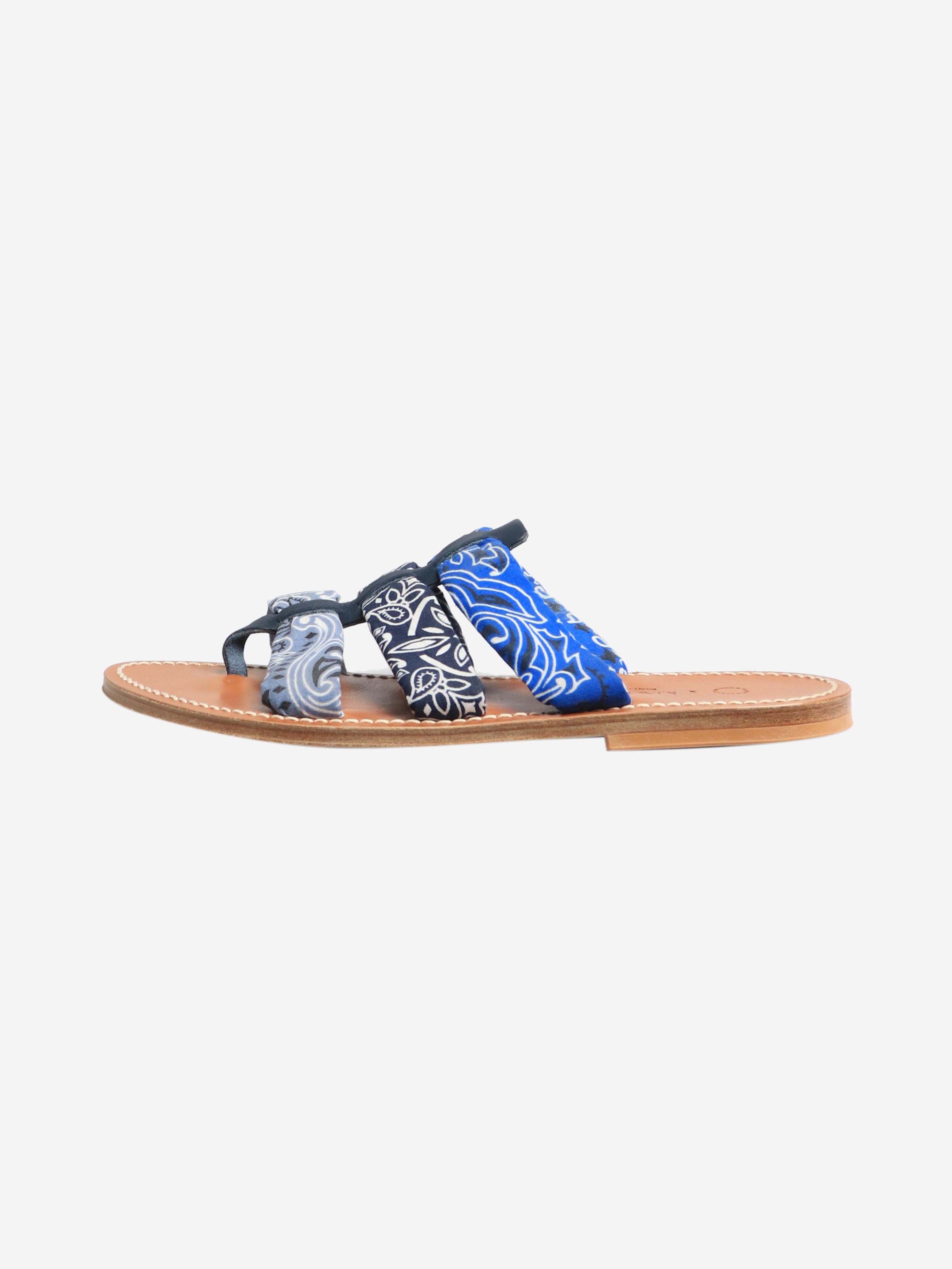 Blue Paisley Strap Flat Sandals for Women - Size EU 41 (US 10) - Comfortable Summer Beach Shoes for Vacation, Walking & Casual Outfits