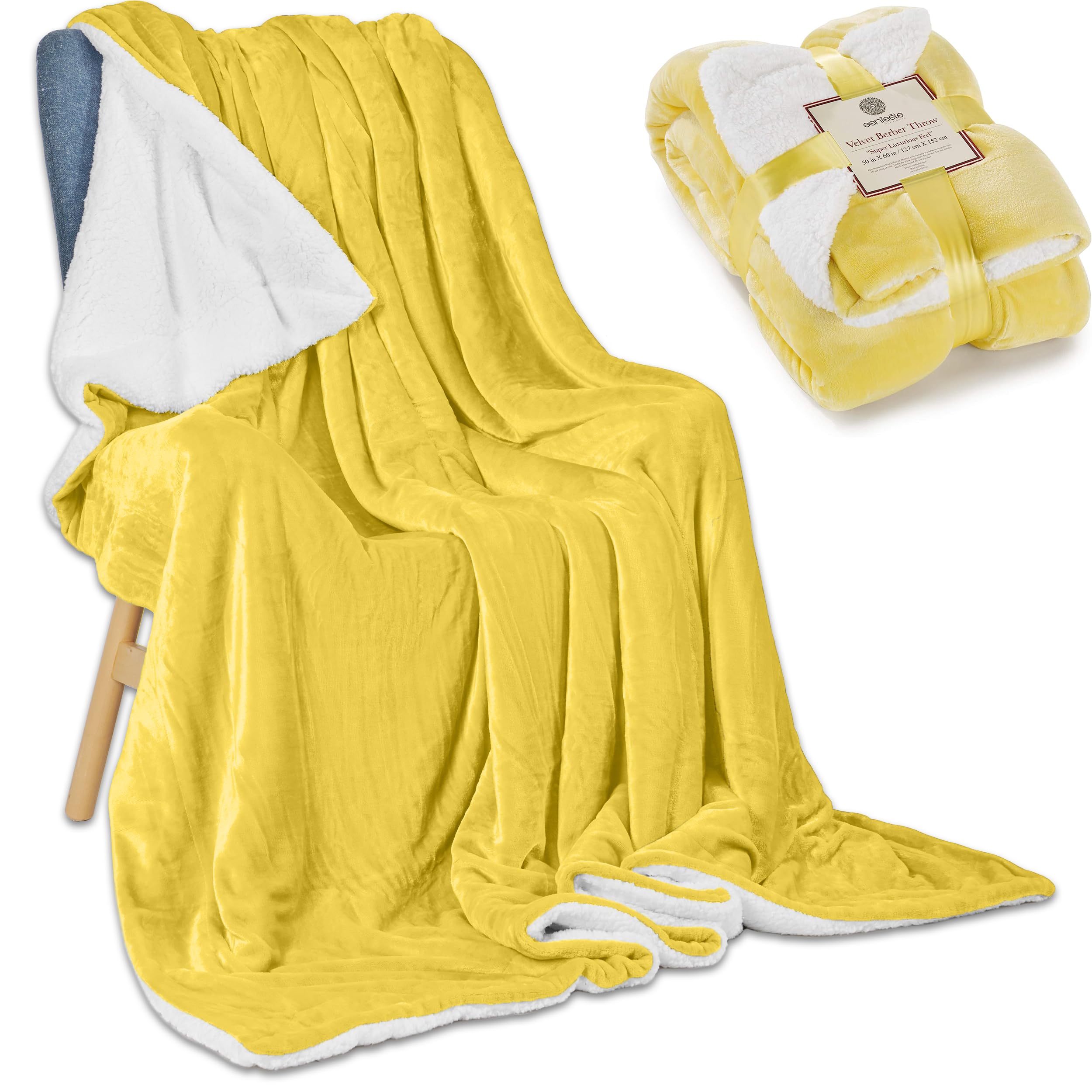 Genteele Sherpa Blanket - 50 x 70 Inch Ultra Soft & Cozy Reversible Fleece Throw Blanket for Couch, Bed, Sofa - Plush Fuzzy Blanket Alternative in Yellow/White - Perfect for Lounging, Movie Nights & Winter Warmth