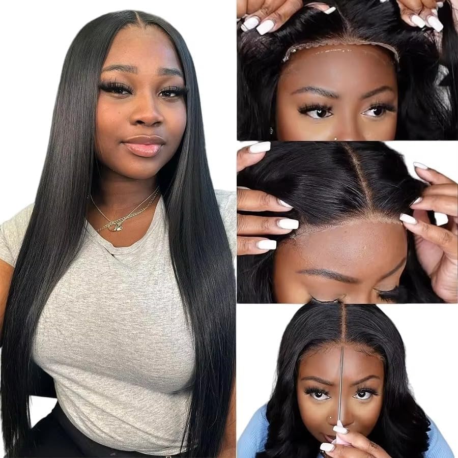 24 Inch Glueless Straight Human Hair Wigs for Women - 6x4 HD Lace Closure, 180% Density, Pre-Plucked - Natural Look No Glue Needed - Perfect for Daily Wear, Parties & Special Occasions