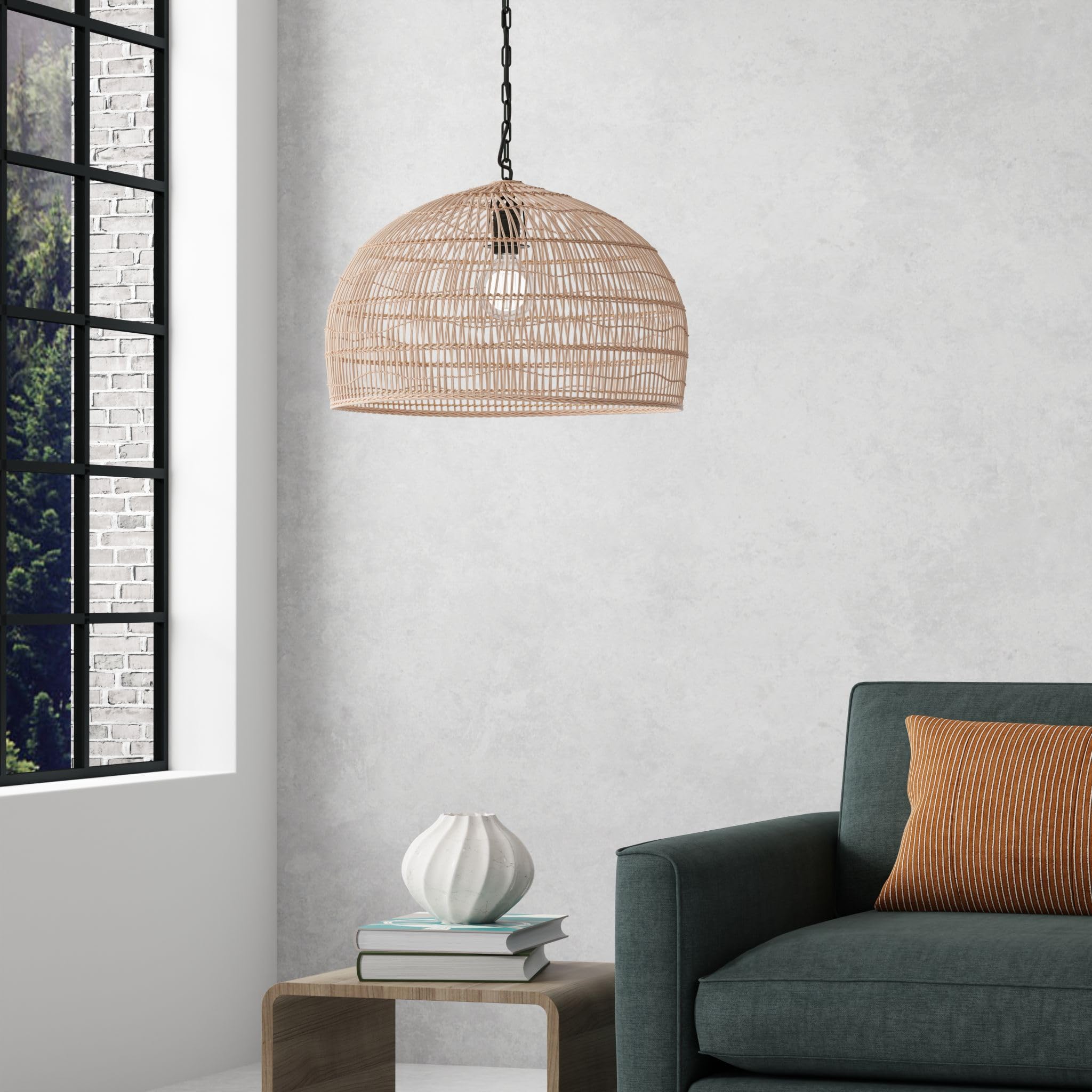 KOUBOO Open Weave Rattan Pendant Light - Modern Dome Ceiling Lamp with Natural Cane Weaving for Kitchen, Dining Room, Bedroom & Hallway | Boho Chic Home Decor Lighting Fixture | Perfect for Farmhouse, Coastal & Bohemian Interior Design Styles