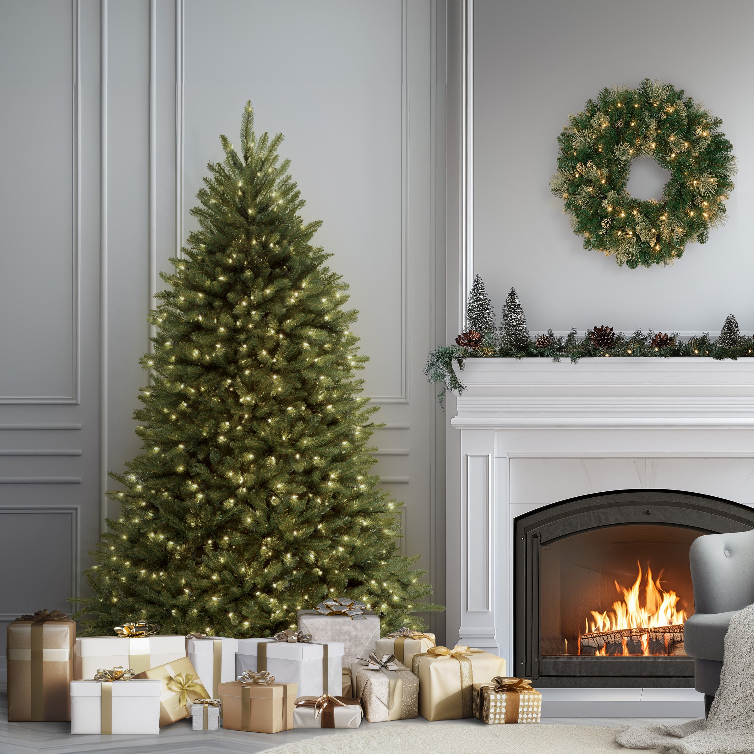 7.5 ft Pre-Lit Dunhill Fir Artificial Christmas Tree with Clear LED Lights - Perfect for Home, Office, and Holiday Decorations