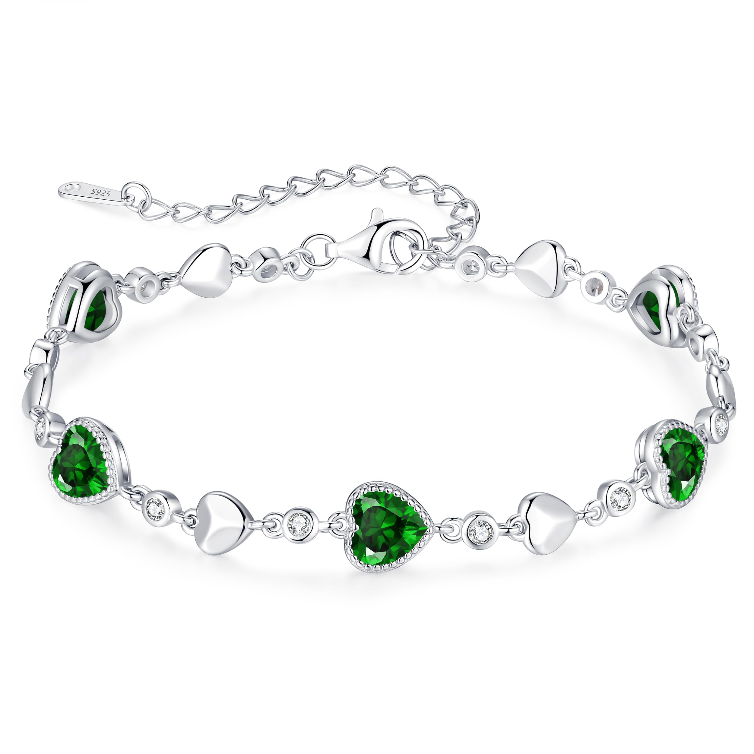 LOUISA SECRET 925 Sterling Silver Five Love Heart Birthstone Bracelet for Women - Elegant Charm Link Bracelet Gift for Wife, Mom, Girlfriend - Perfect for Birthday, Anniversary, Christmas & Everyday Wear