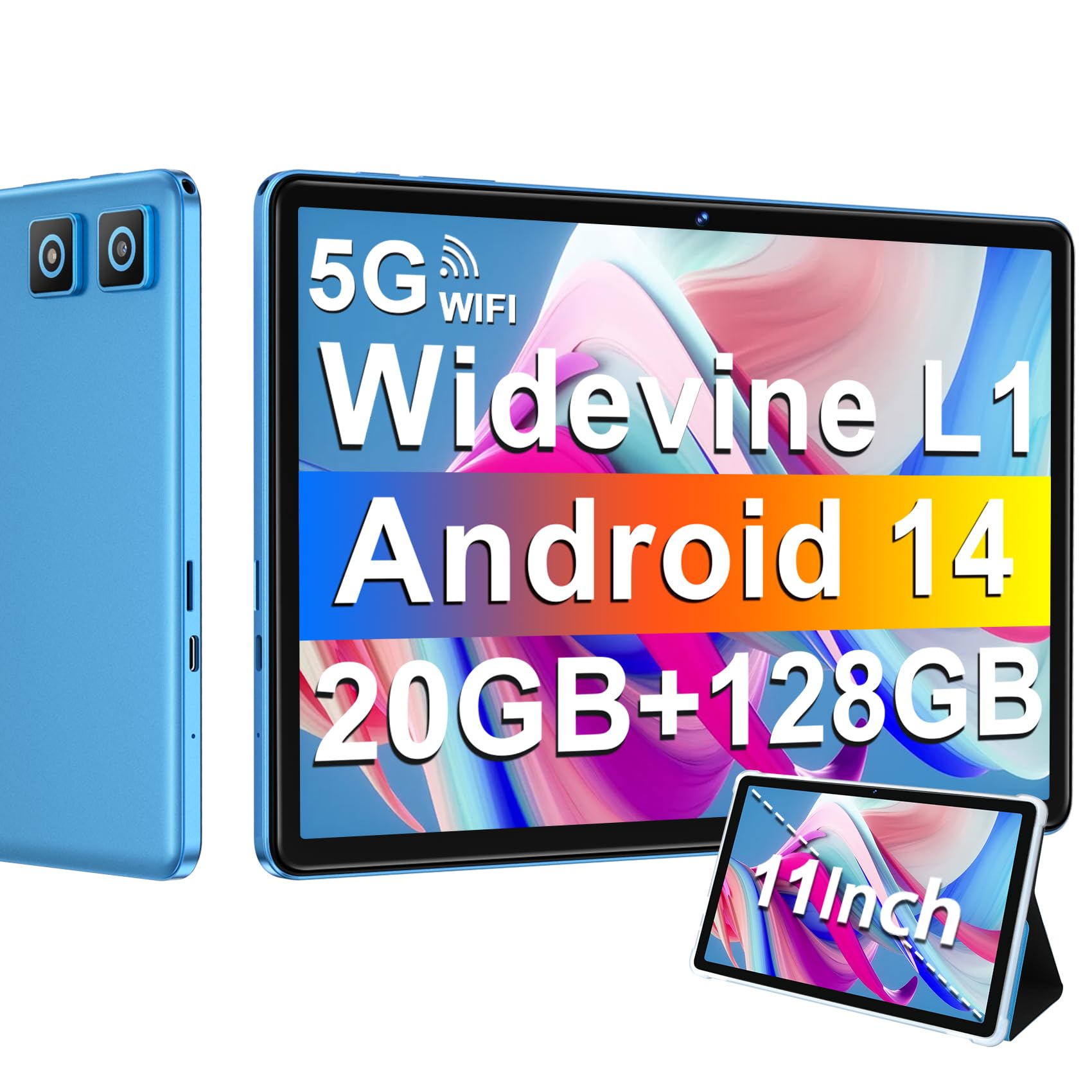 11 Inch Android 14 Tablet with Widevine L1, 8000mAh Battery & 18W Fast Charging, 13MP+5MP Dual Camera, 20GB RAM + 128GB ROM (Expandable to 1TB), 5G WiFi, GPS, Octa-Core 2.0GHz, Face ID, 1280x800 HD Display, Blue - Perfect for Streaming, Gaming & Remote Work