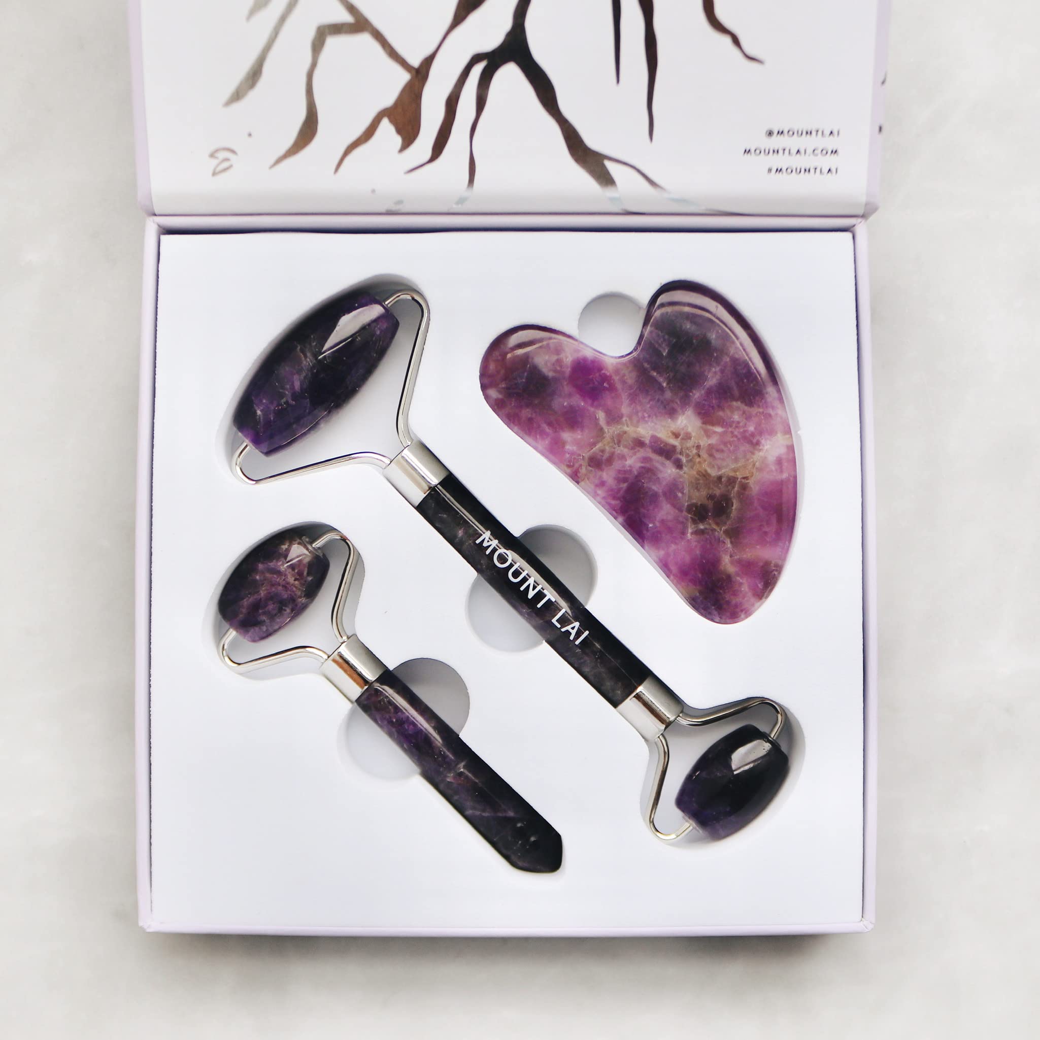 Mount Lai Amethyst Trio Calming Facial Set - Jade Roller & Gua Sha Tools for Face Massage, Relieve Tension & Reduce Puffiness | Anti-Aging Skincare Set for Glowing Skin | Perfect for Morning Routine & Self-Care Spa Days