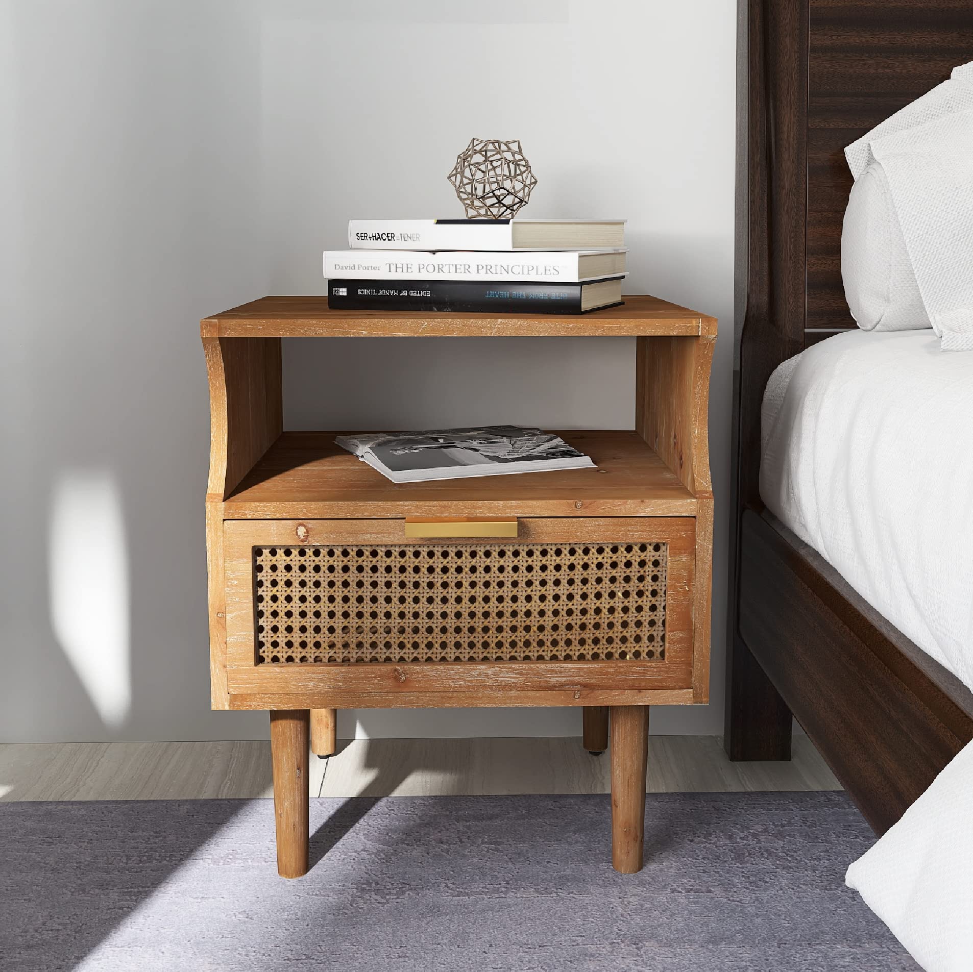 Rustic Farmhouse Nightstand with Woven Fronts - Industrial Accent End Table with Storage for Bedroom & Living Room - Perfect for Farmhouse Decor, Small Space Storage, and Cozy Bedside Organization